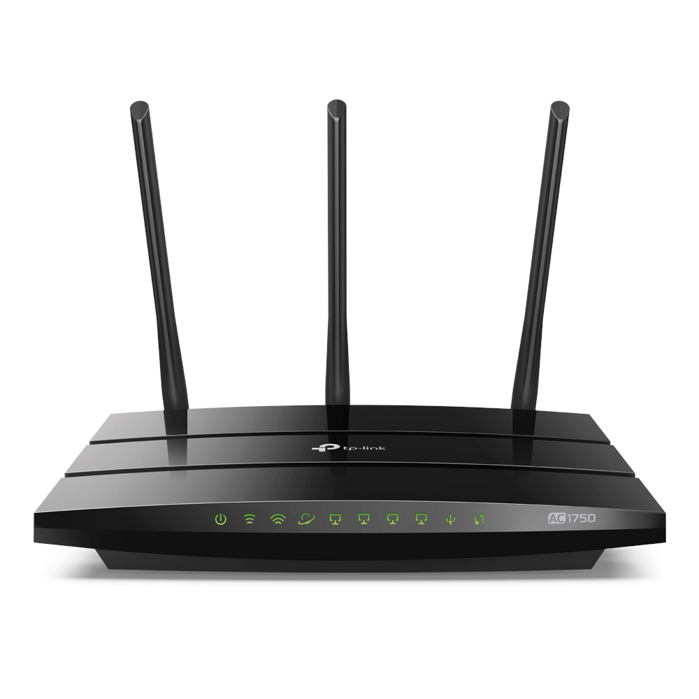Ein schwarzer TP-Link AC1750-Router mit drei Antennen. Grüne Lichter leuchten.