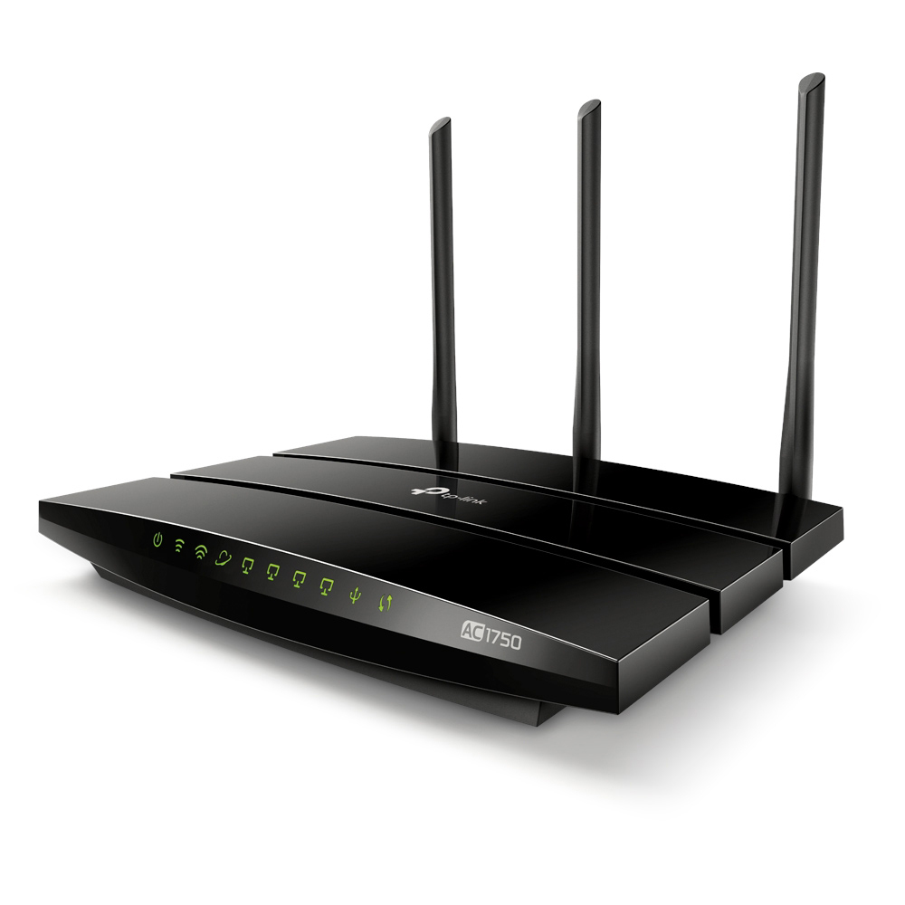 Schwarzer TP-Link-Router mit drei Antennen. Grüne Lichter leuchten vorne.