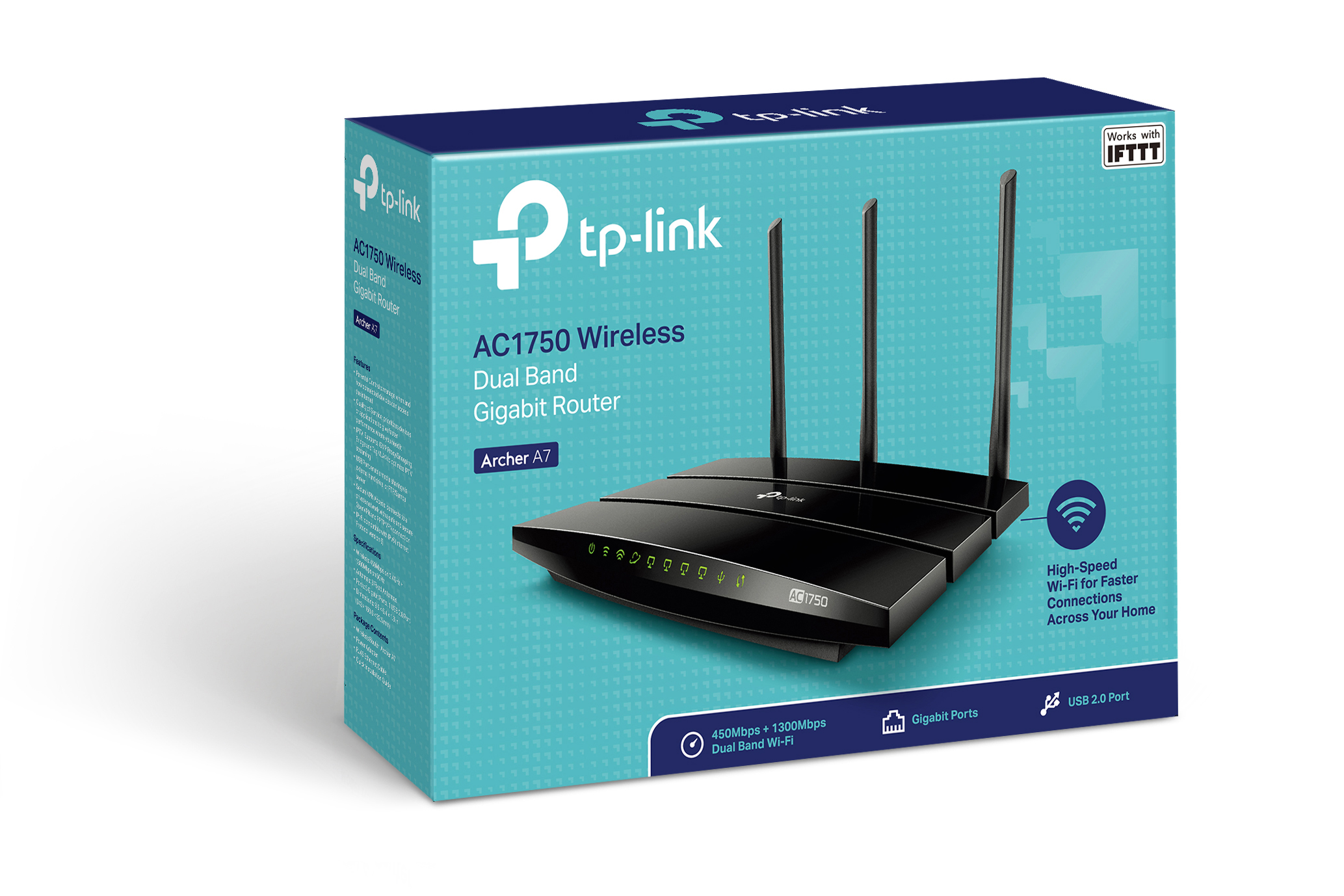 TP-Link AC1750 Wireless Dual Band Gigabit Router Box. Schwarzer Router innen, mit Antennen.