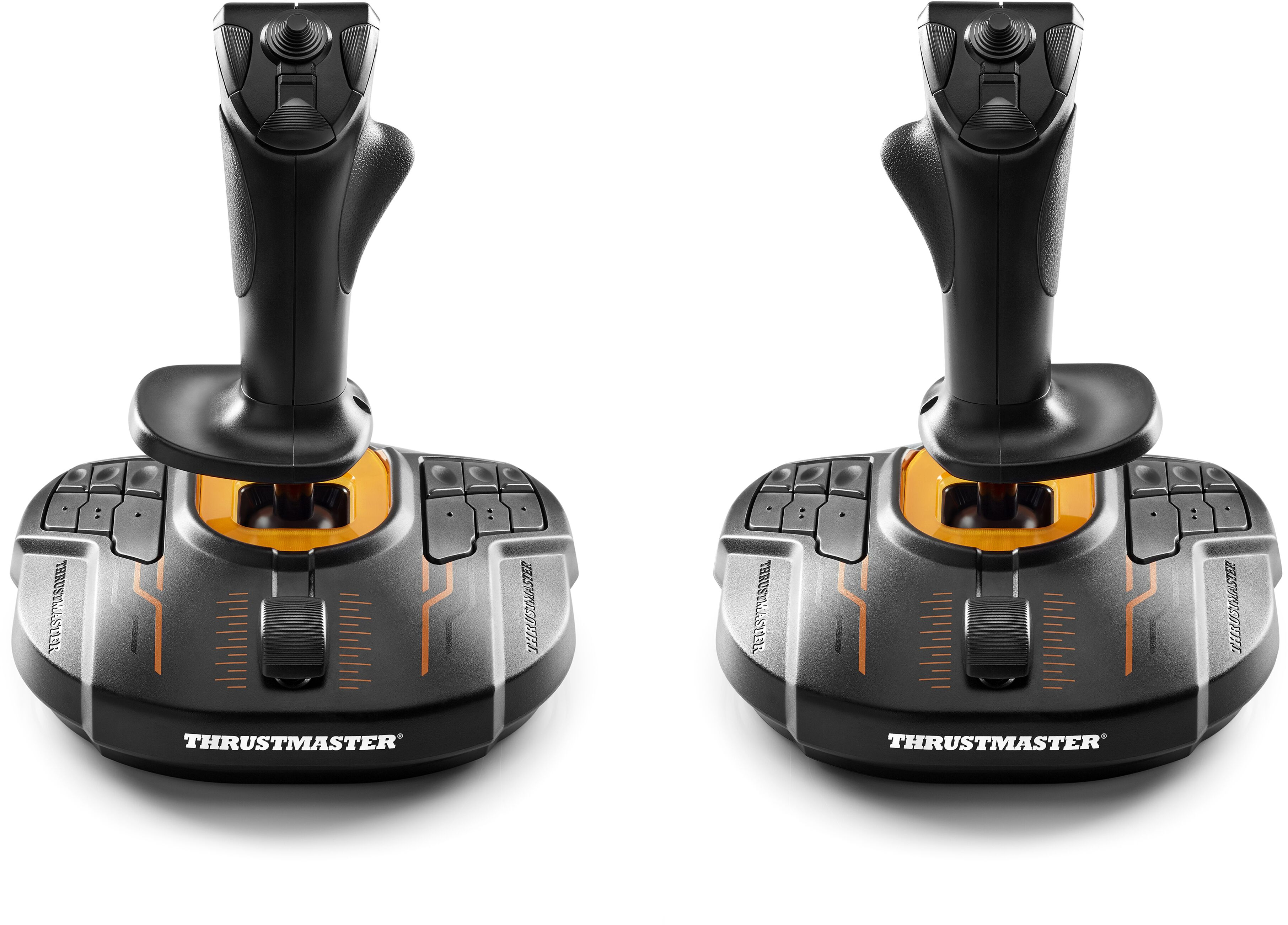 Zwei schwarz-orangefarbene Joysticks. Jeder hat Knöpfe und eine Basis.