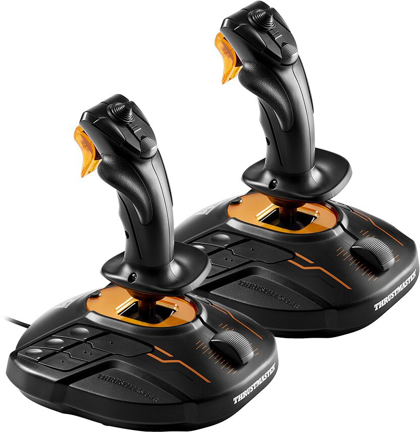 Zwei schwarze Thrustmaster Joysticks, orangefarbene Akzente, auf schwarzer Basis.
