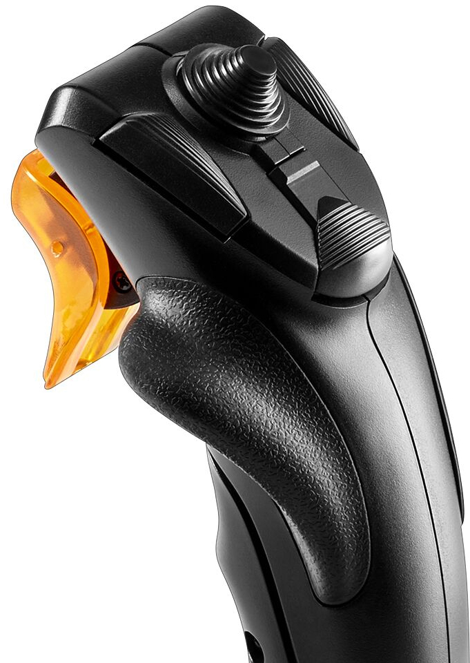 Ein schwarzer Flightstick mit orangefarbenem Auslöser und verschiedenen sichtbaren Knöpfen und Bedienelementen.