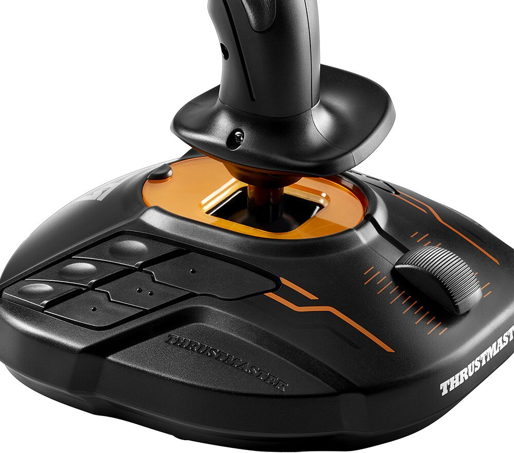 Schwarzer und orangefarbener Joystick mit Knöpfen und einem Drehknopf.