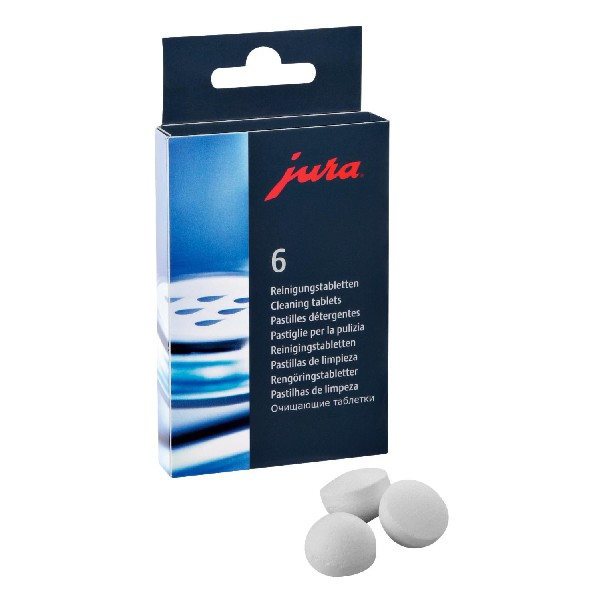 Caja de pastillas de limpieza Jura. Texto, '6 pastillas de limpieza', y 3 pastillas blancas.