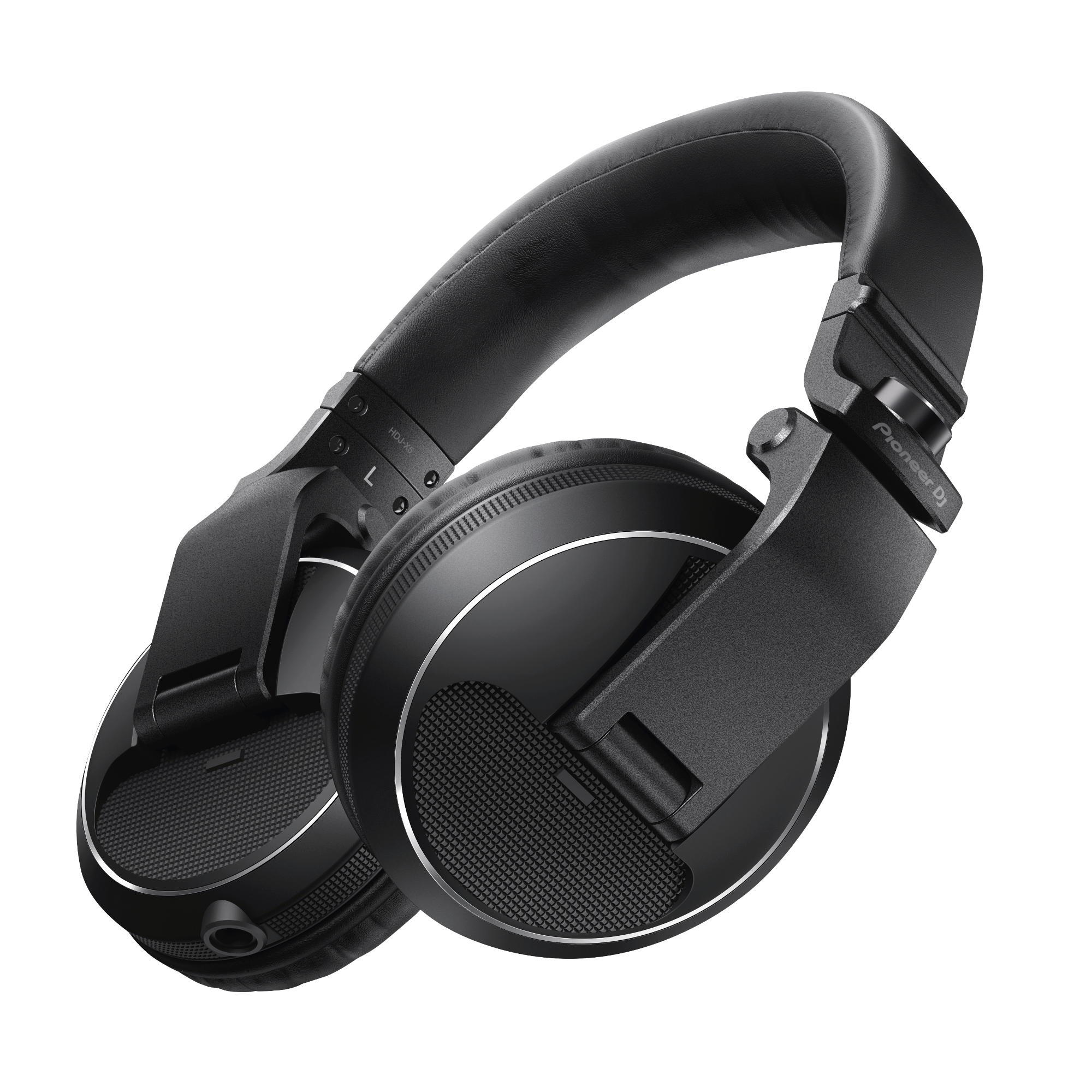 Schwarzer Pioneer DJ Kopfhörer, abgewinkelt auf weißem Hintergrund. Hat das Pioneer DJ Logo.