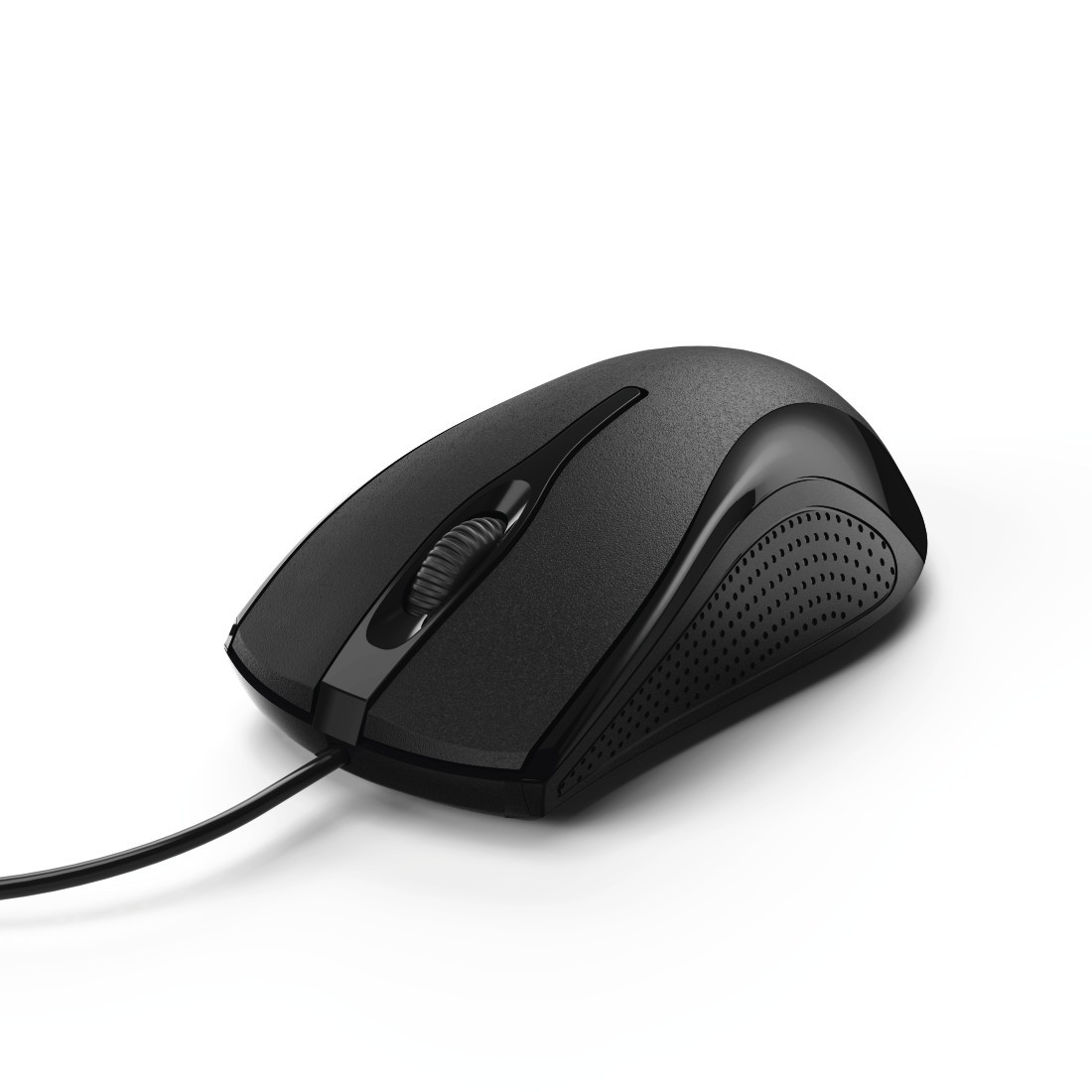 Une souris d'ordinateur noire avec une molette et un cordon. La souris est sur une surface blanche.