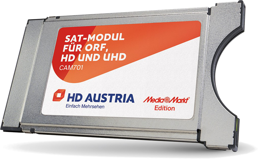 Ein silbernes CAM701-Modul mit rotem und weißem Text für HD Austria und MediaMarkt.