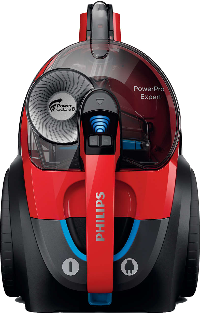 Piros-fekete Philips porszívó. PowerPro Expert címke. A Power Cyclone 8 technológiát mutatja.