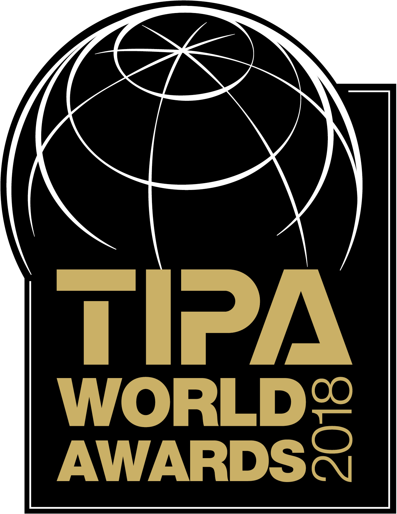 TIPA World Awards 2018 Logo auf schwarzem Hintergrund mit einer Globus-Grafik.