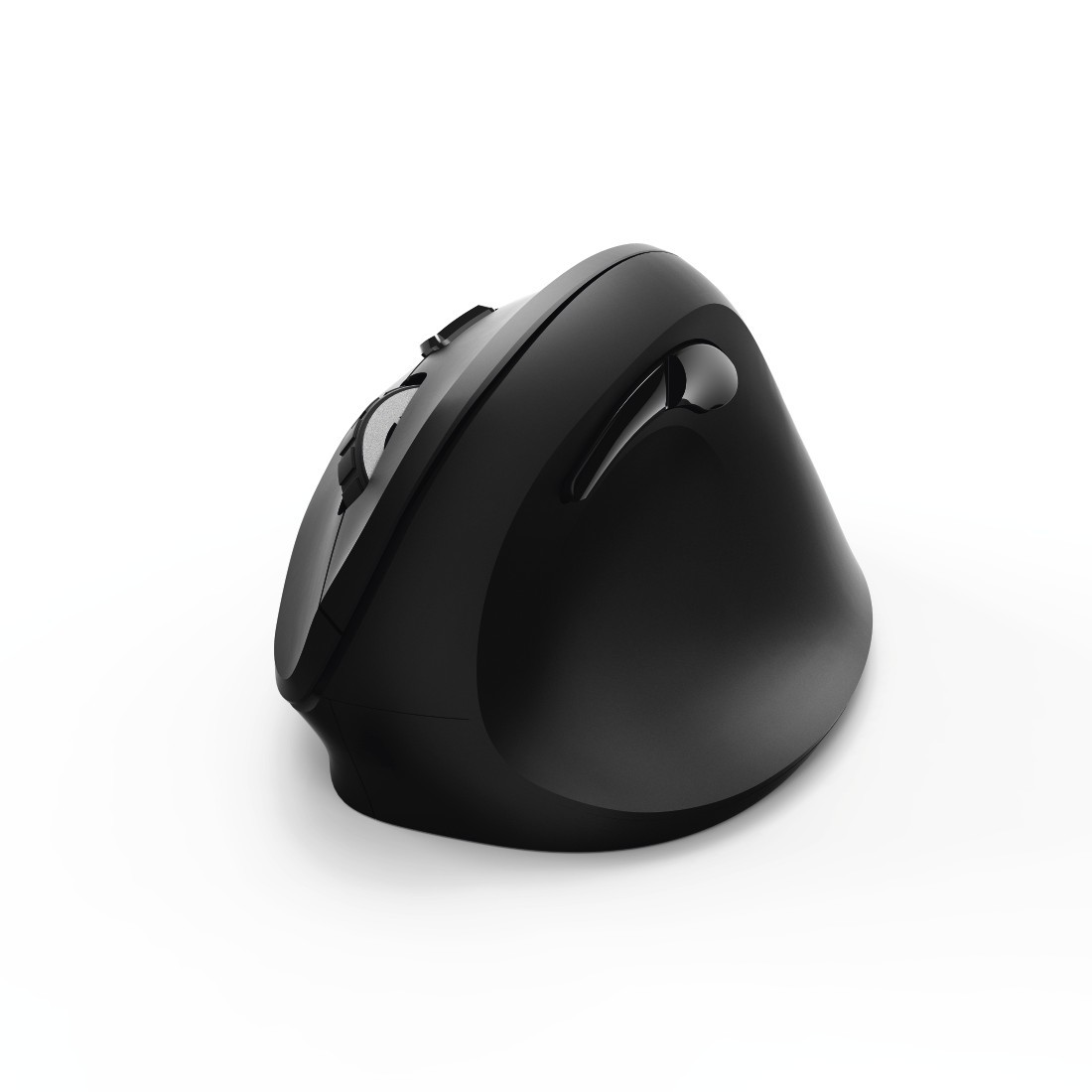 Mouse ergonomico nero. È angolato verso sinistra, mostrando i pulsanti e la rotella di scorrimento.