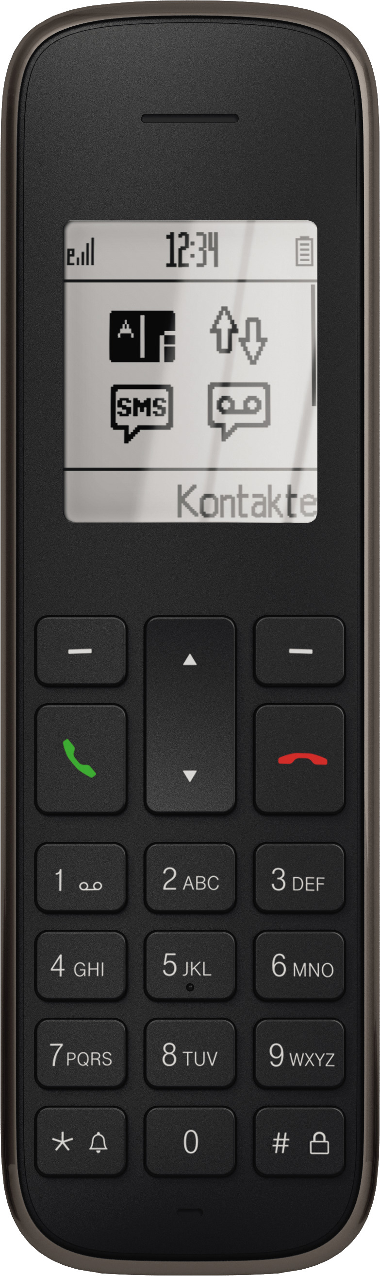 Ein schwarzes Mobiltelefon mit einem Bildschirm, der eine Uhr und Symbole anzeigt.