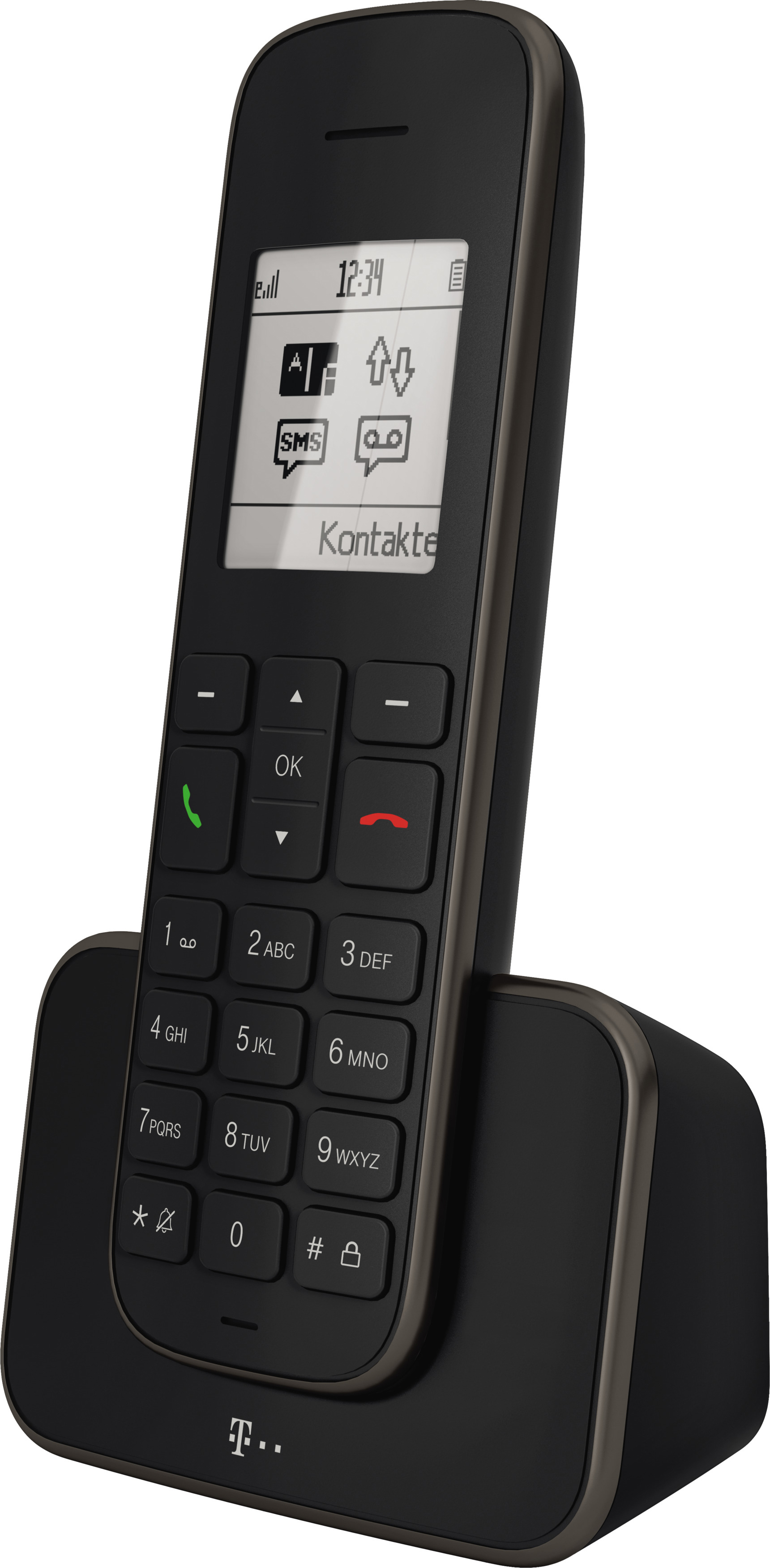 Ein schwarzes schnurloses Telefon mit Bildschirm, das auf seiner Ladestation steht.