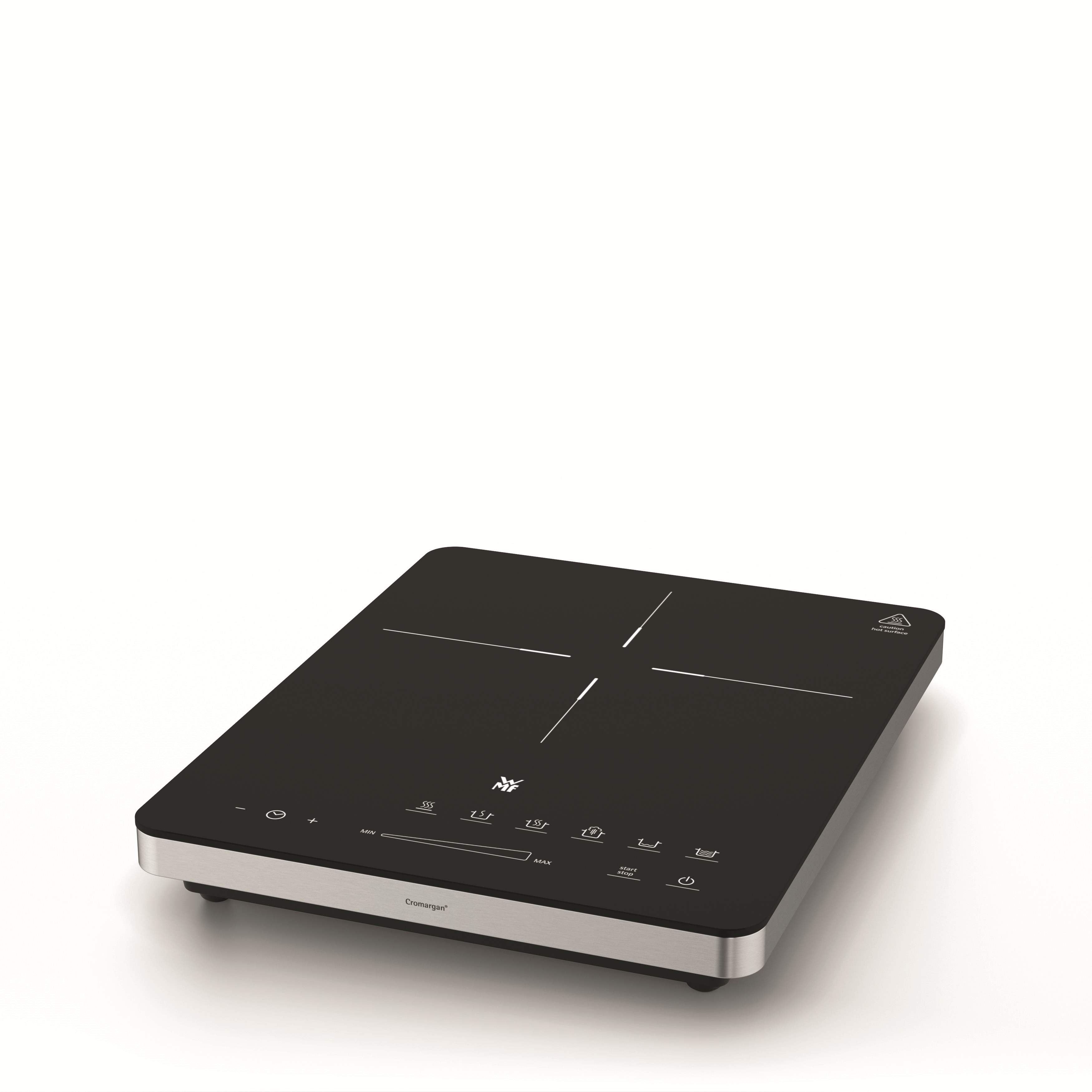 Black induction cooktop with silver trim, minimalist design. Buttons and a warning icon are visible.