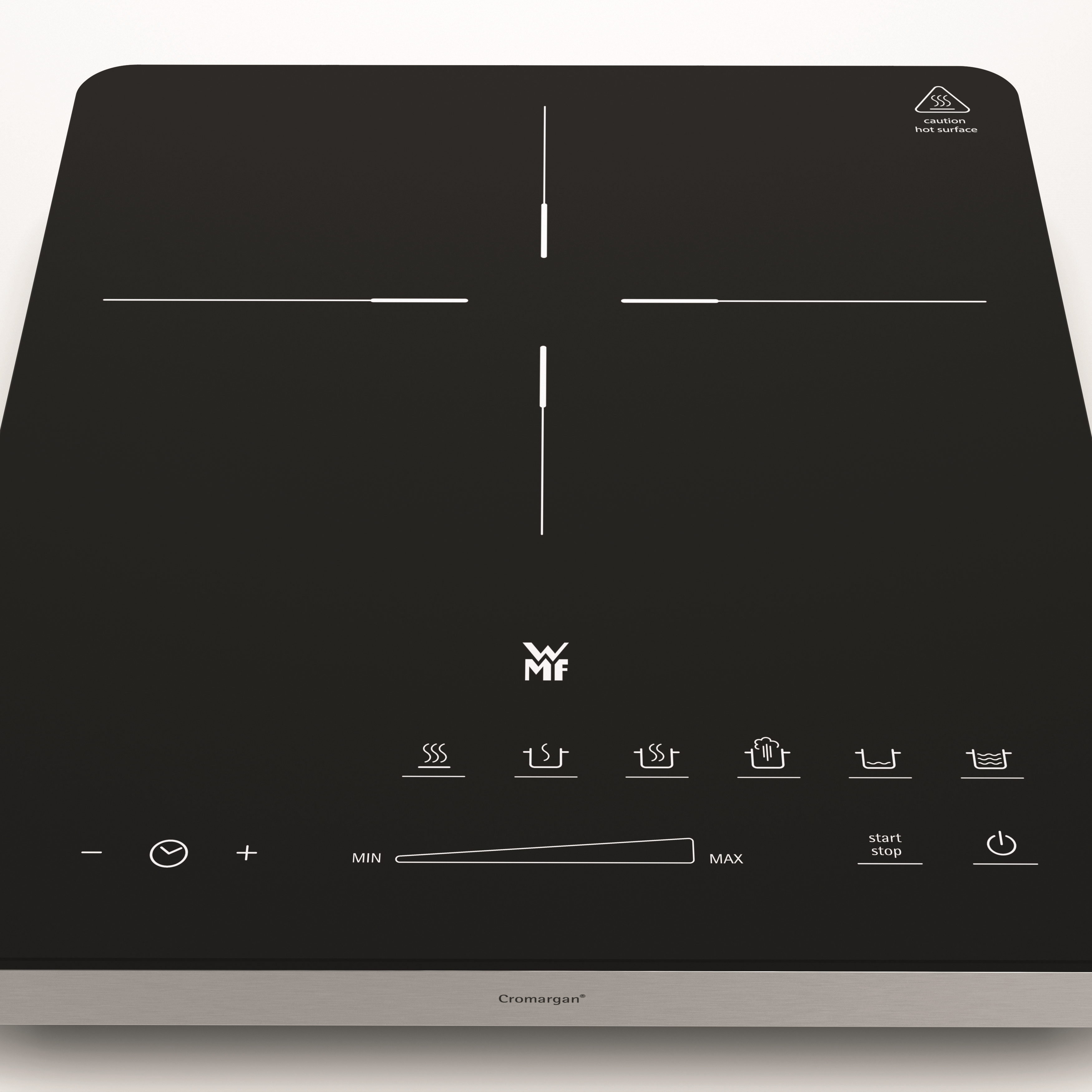 A black induction cooktop with a touch control panel and a stainless steel frame.