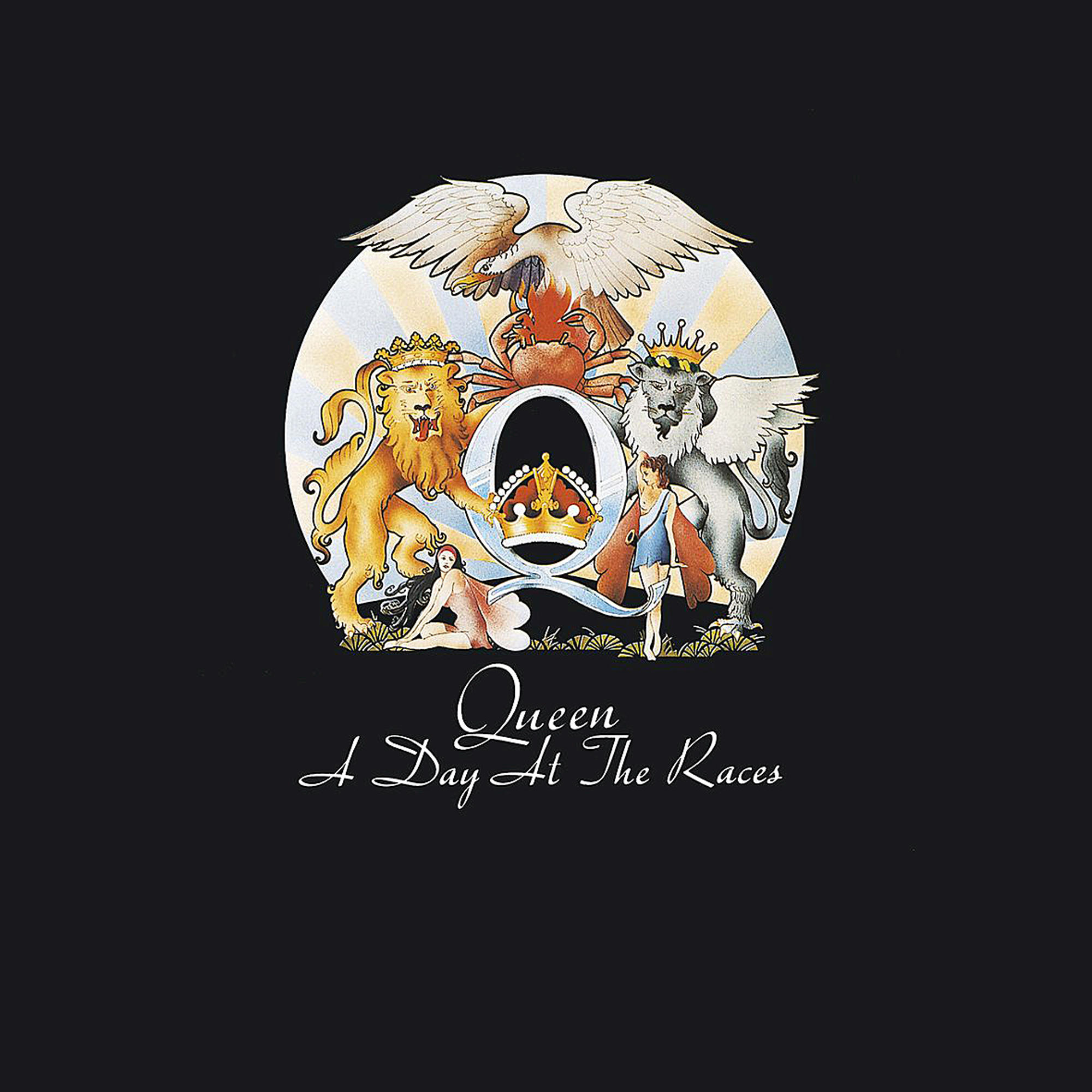 Pochette de l'album "A Day at the Races" de Queen, avec le blason du groupe sur fond noir.