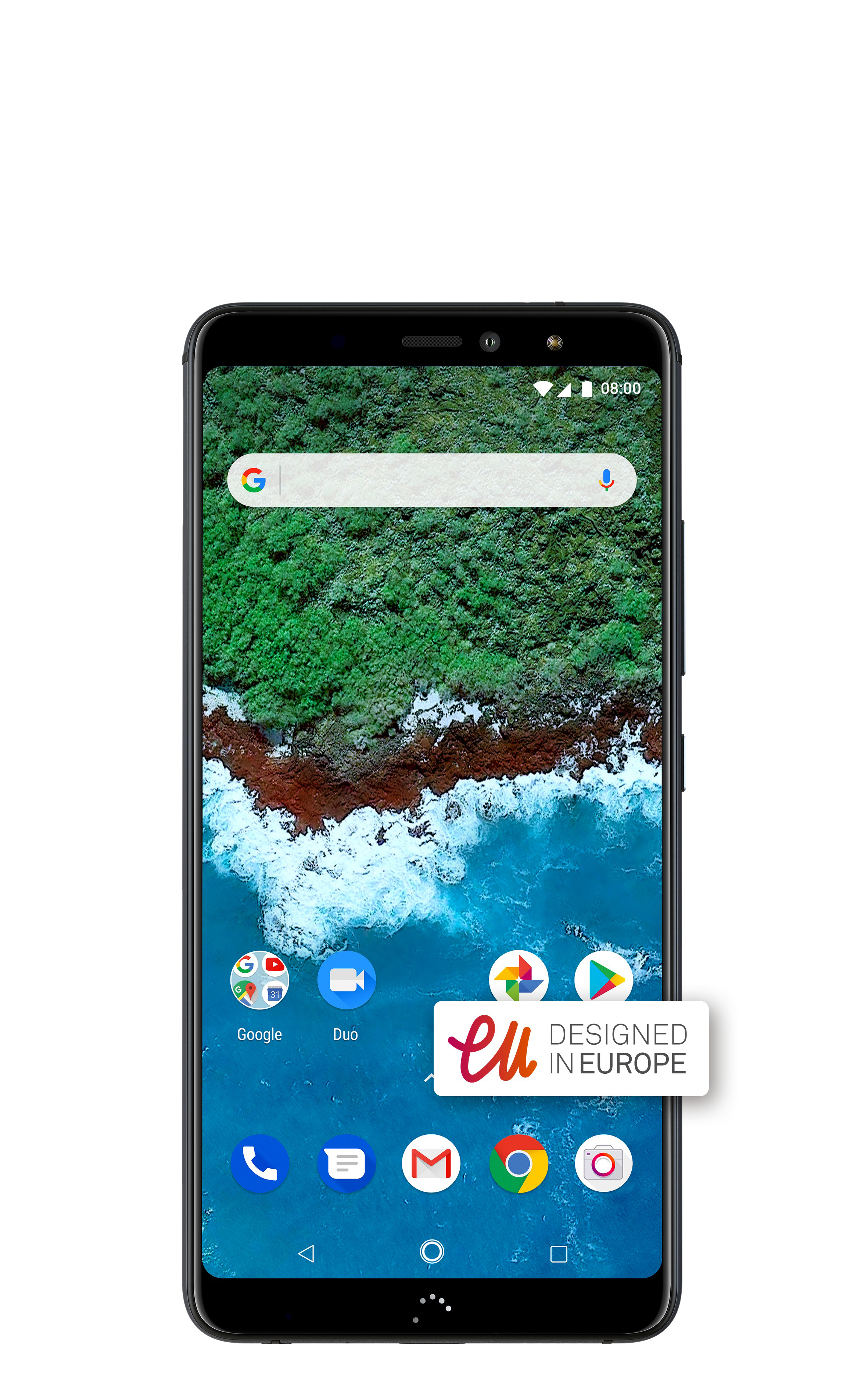 Schwarzes Smartphone mit Symbolen auf dem Bildschirm, Meereshintergrund, weißes Logo.