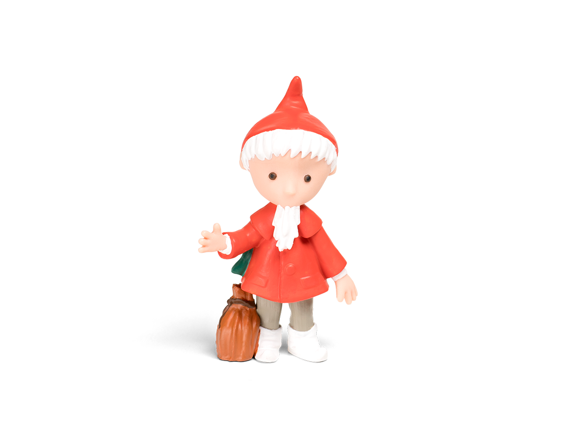 Eine kleine Figur eines rotbemantelten Gnoms, der eine braune Tasche hält. Schwarzer Hintergrund.