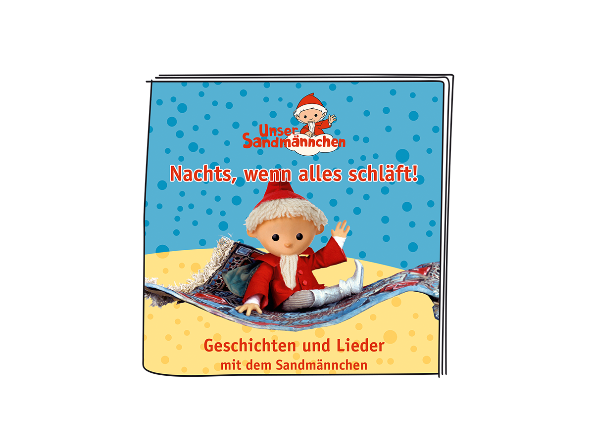 Ein Cartoon-Sandmann mit Weihnachtsmütze reitet auf einem Teppich. Text sagt: "Nachts, wenn alles schläft!"
