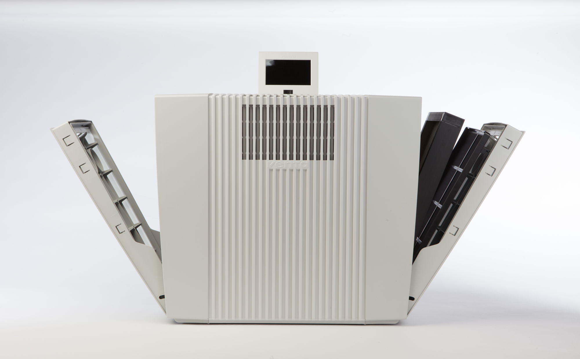 White server-like device with open doors and small screen, on a white surface.