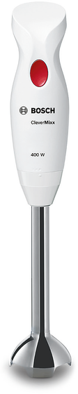 Fehér Bosch kézi mixer piros gombbal. A mixer tengelye rozsdamentes acél.