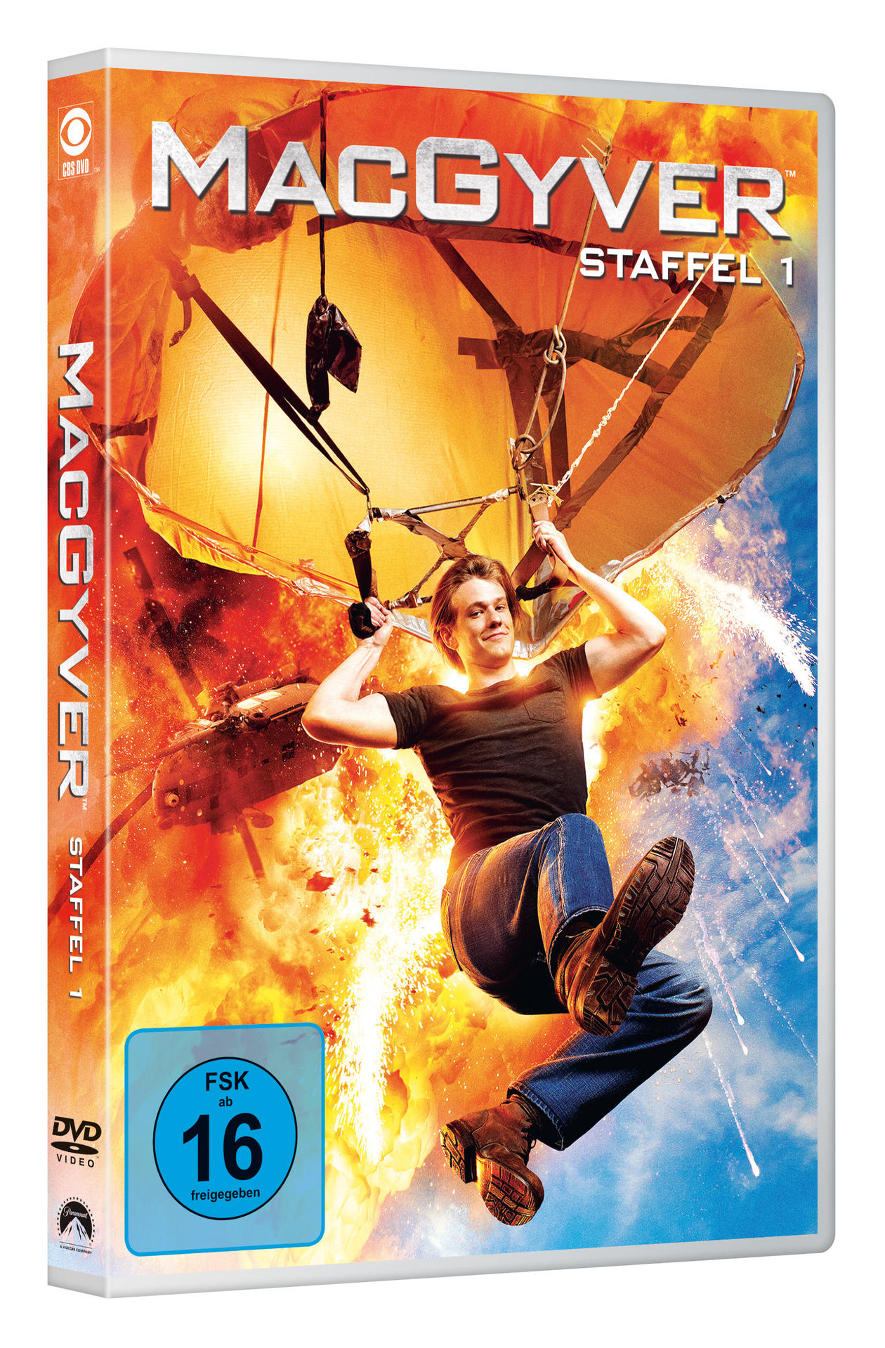 DVD-Cover von 'MacGyver: Staffel 1'. Zeigt einen Mann, der aus einer Explosion springt.