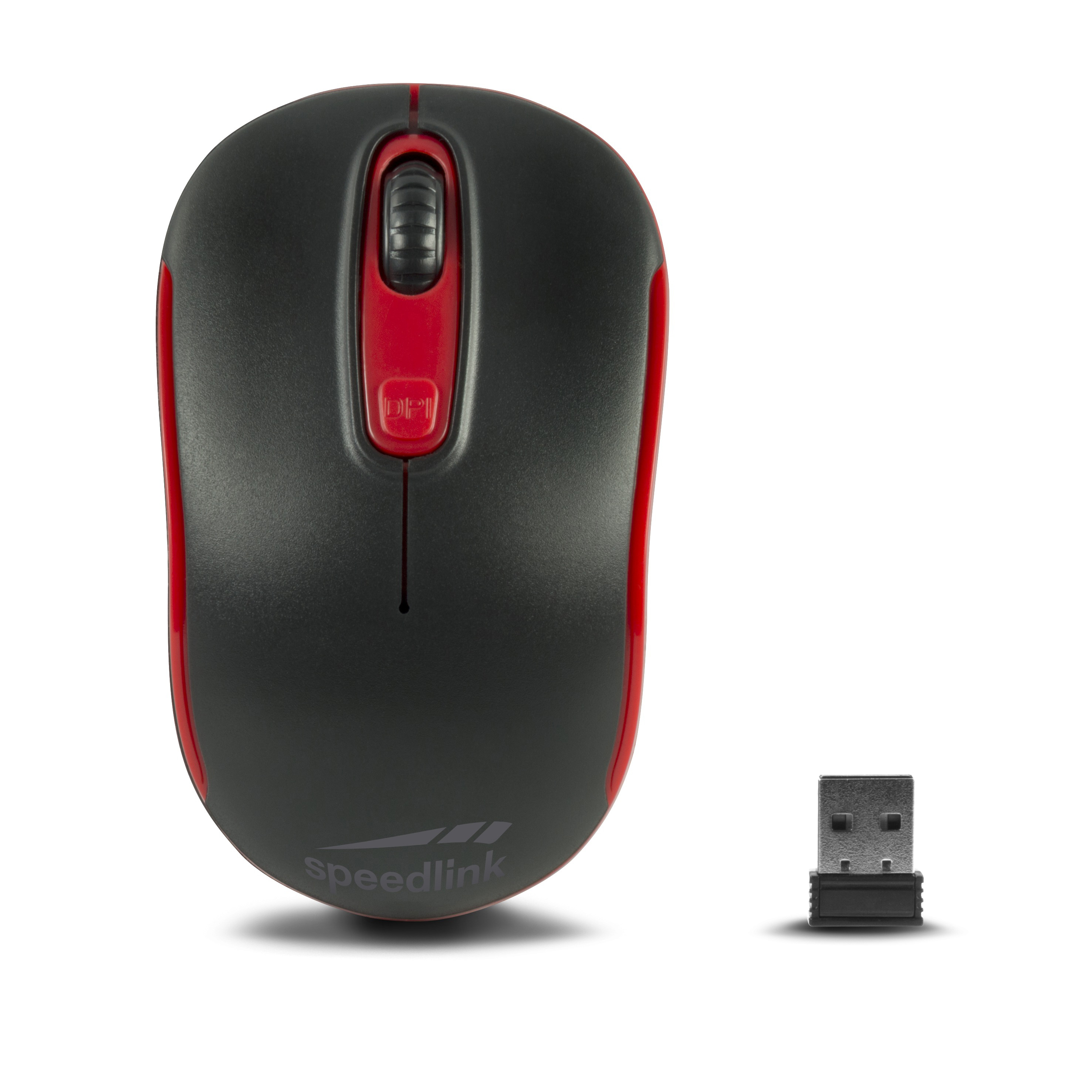 Schwarze und rote drahtlose Speedlink-Maus. USB-Empfänger befindet sich neben der Maus auf weißem Hintergrund.