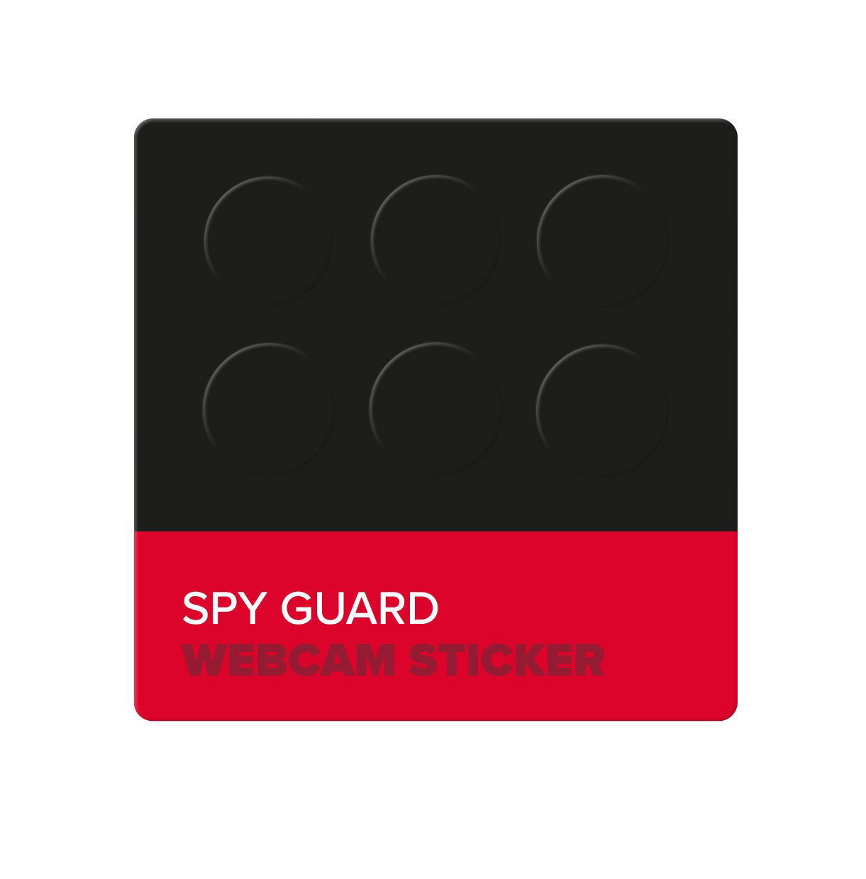 Schwarzer Webcam-Aufkleber mit sechs eingekerbten Kreisen. Rotes Banner mit weißem Text: SPY GUARD WEBCAM STICKER.