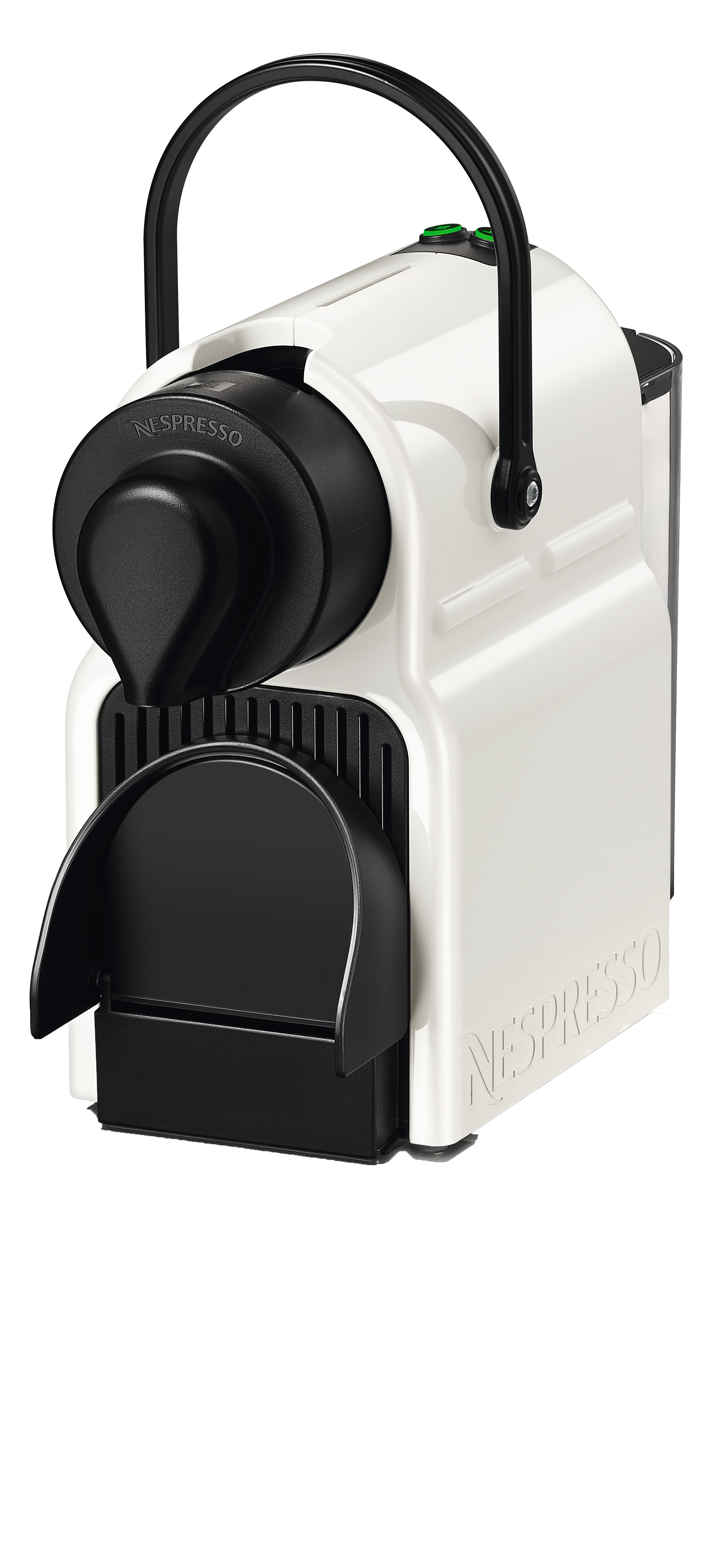 Een witte Nespresso-machine met zwarte handgreep en details. Het woord 'Nespresso' is zichtbaar.
