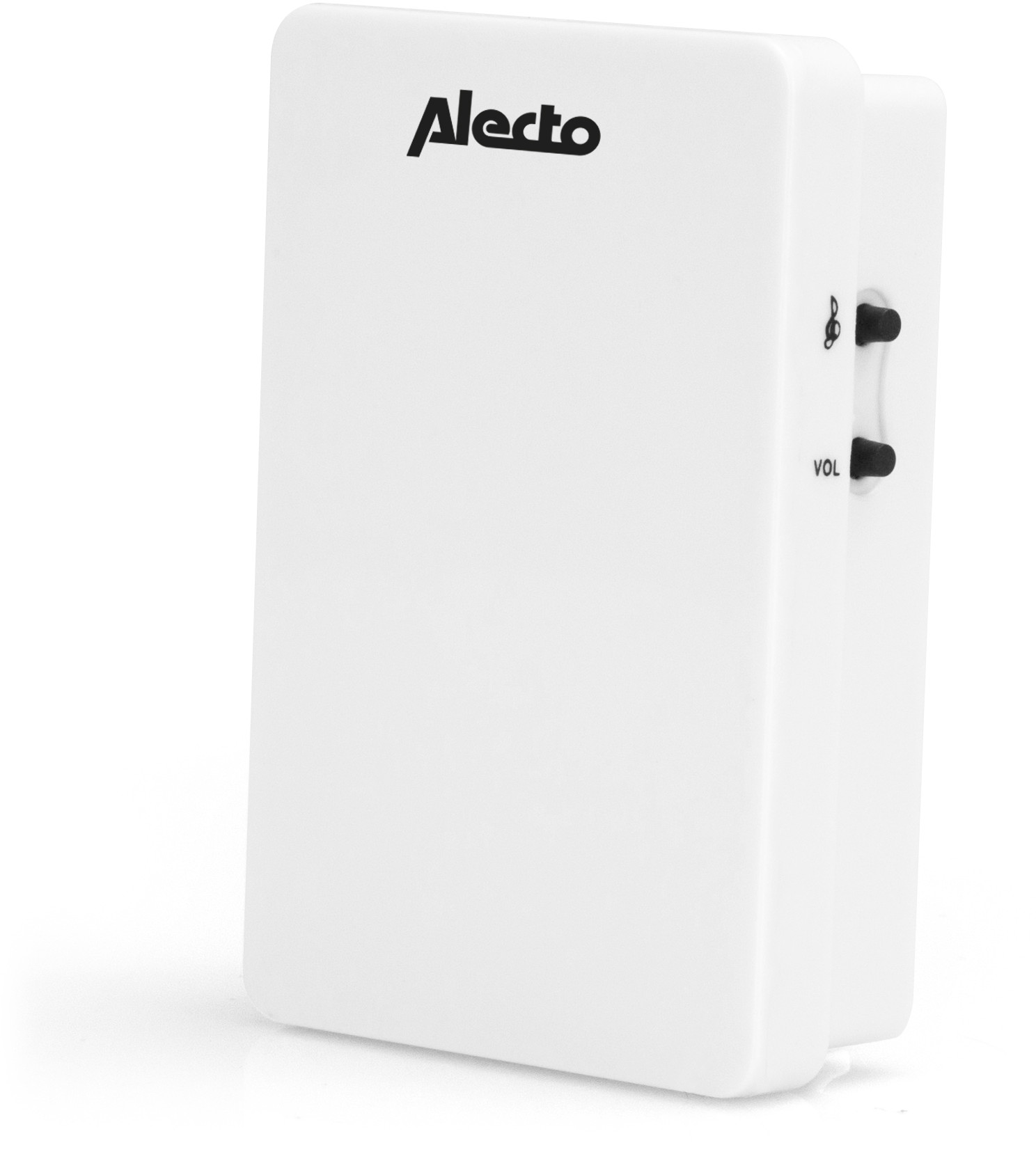 A white rectangular device with buttons and text 'Alecto'. It has a volume and a mode button.
