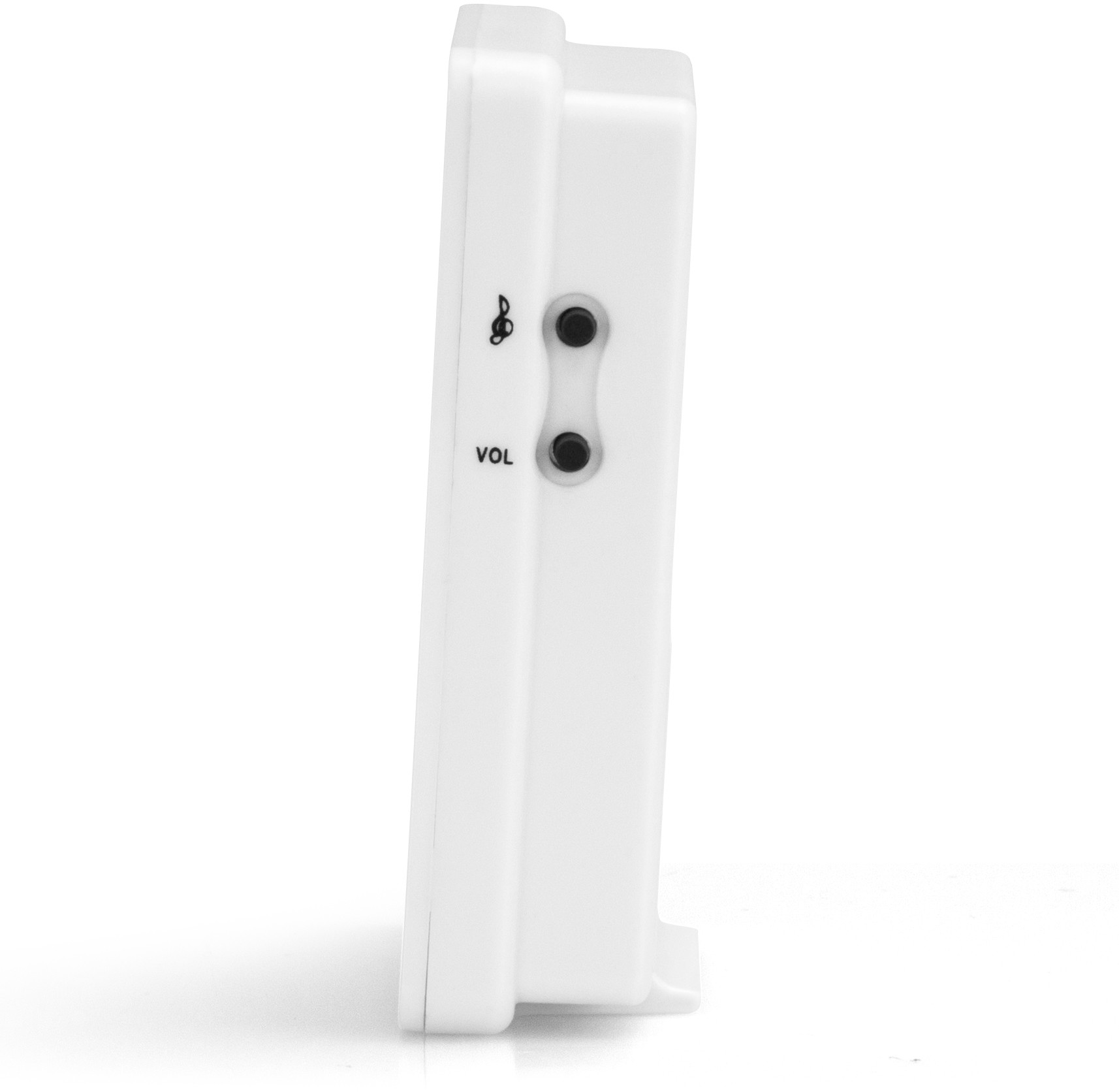 White rectangular device, side view, buttons and text 'VOL' on the side.