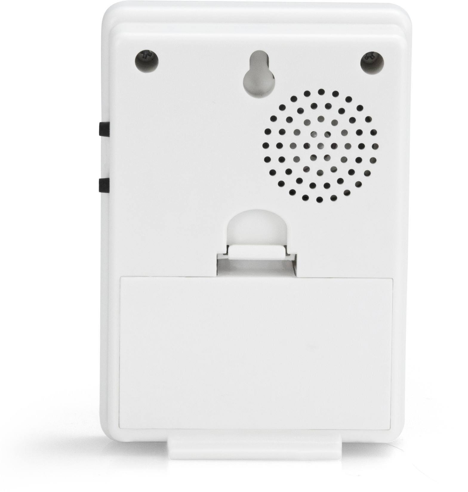 White wall-mounted digital clock. Features a speaker and a battery compartment.