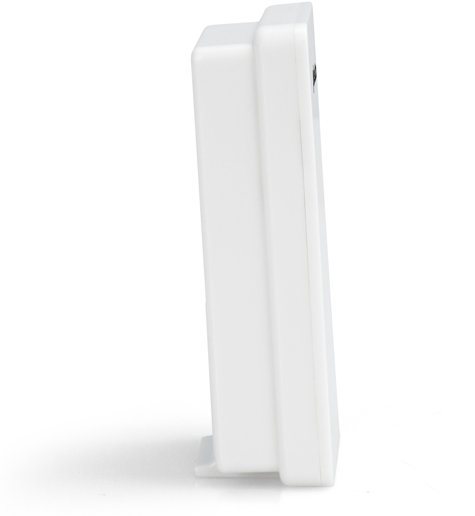 White device, possibly a smart home hub, angled on a white background.