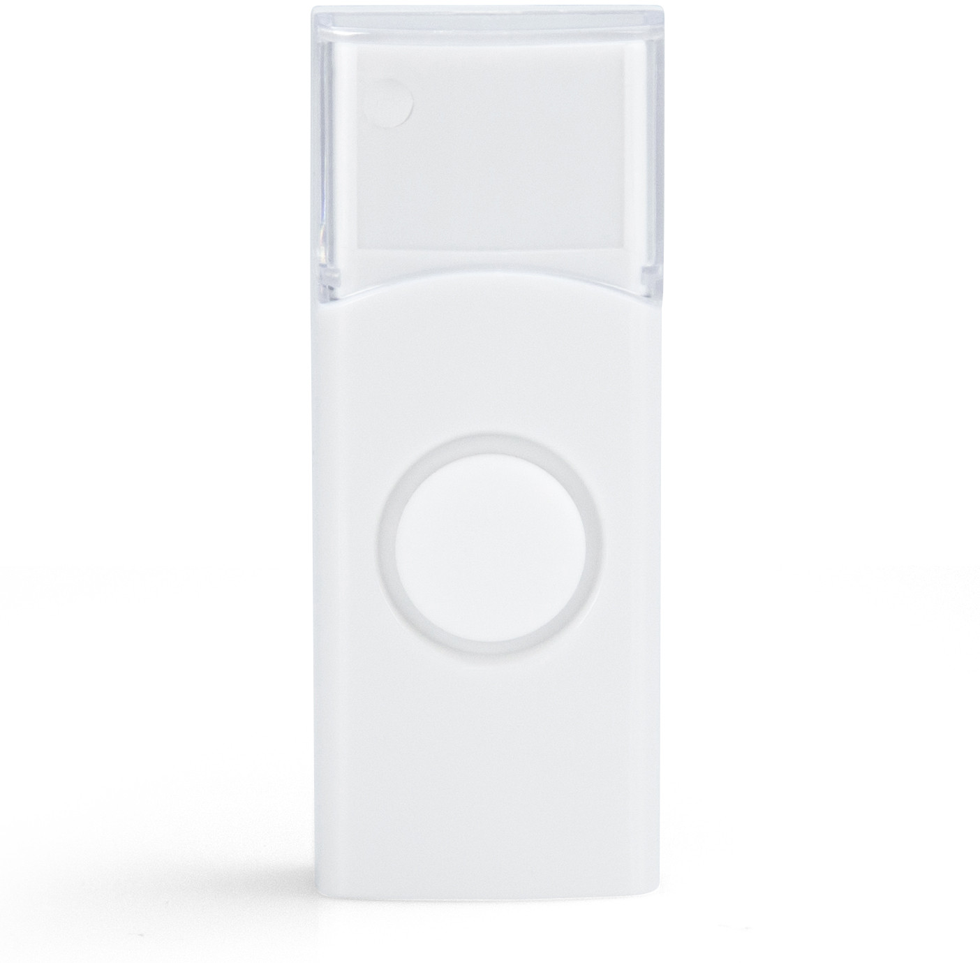 White, rectangular, pocket-sized device with a large, circular button.