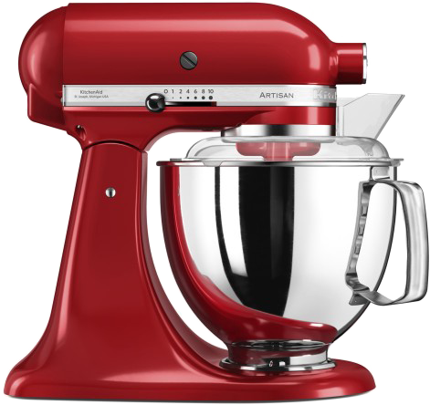 Piros KitchenAid robotgép rozsdamentes acél tálalóval és átlátszó pajzzsal.