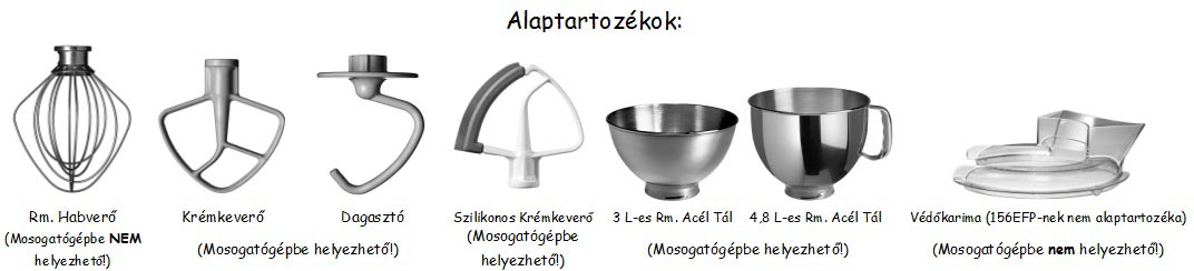 KitchenAid robotgép tartozékok, különböző tartozékokkal.