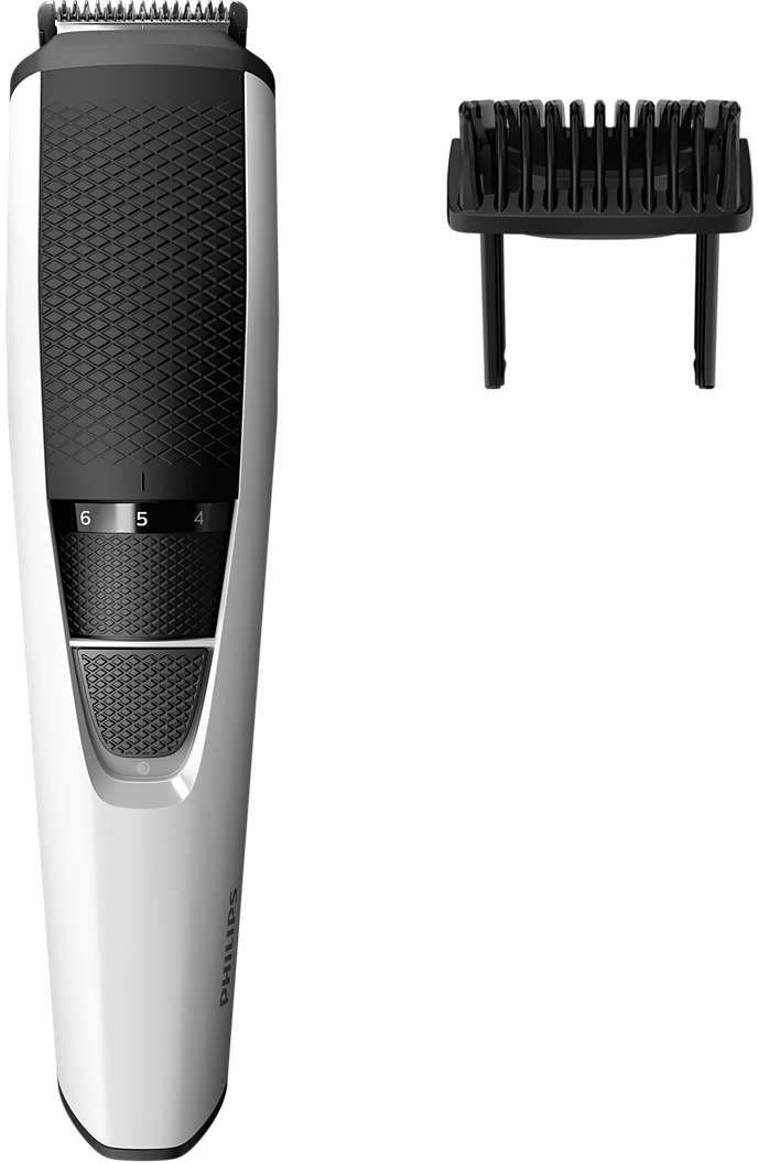 Fehér és fekete Philips szakállvágó egy toldalékkal. Fehér háttér.