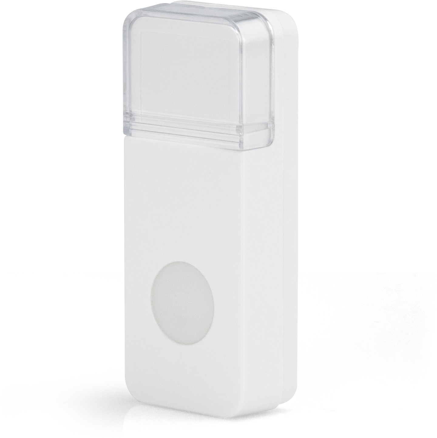 White rectangular doorbell with a translucent top and a white circular button.