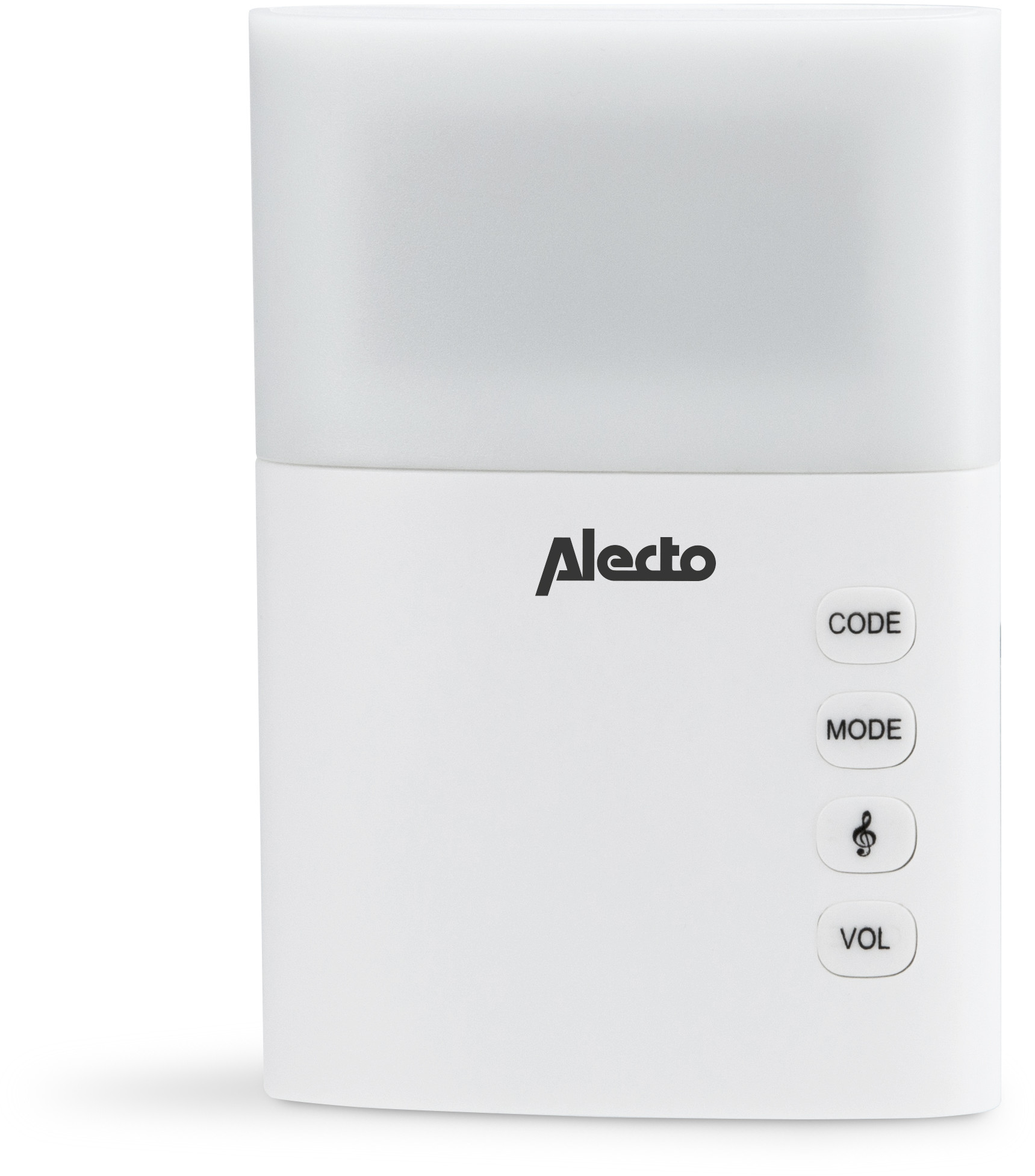 A white night light with buttons for code, mode, a music note, and volume. Alecto brand name.