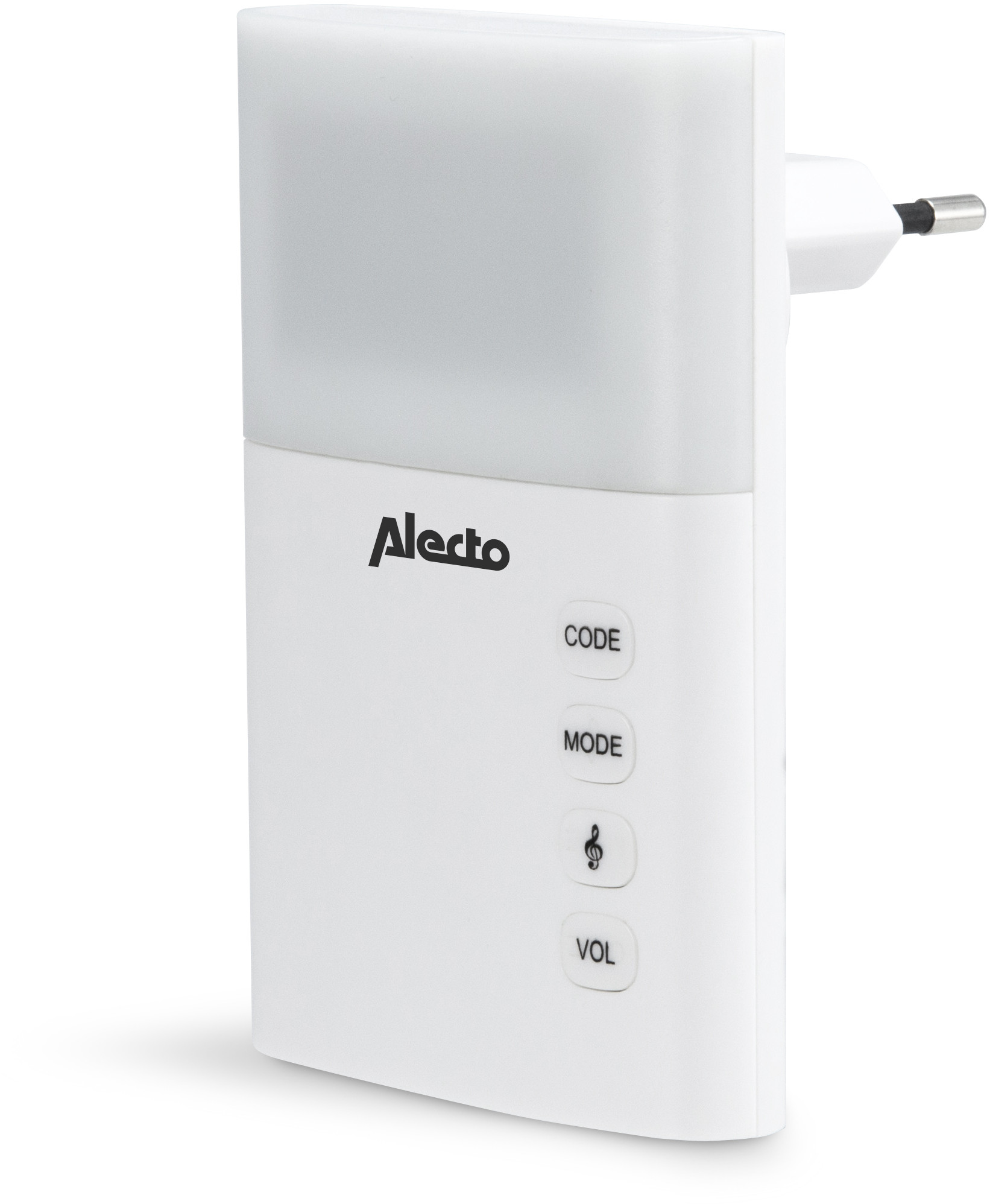 A white Alecto night light with buttons. It plugs into a wall socket. White background.