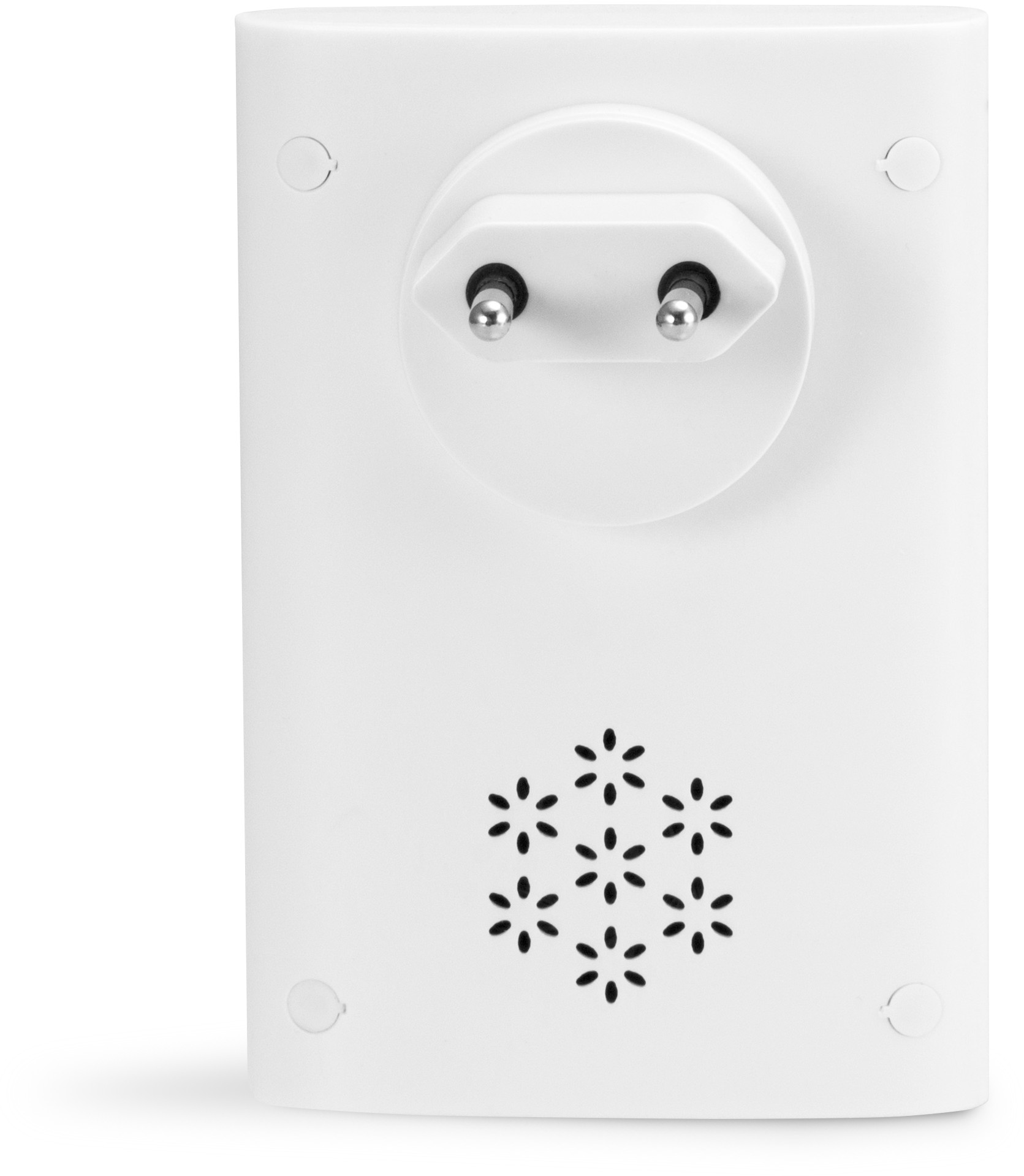 A white wall plug with a European plug and a speaker.