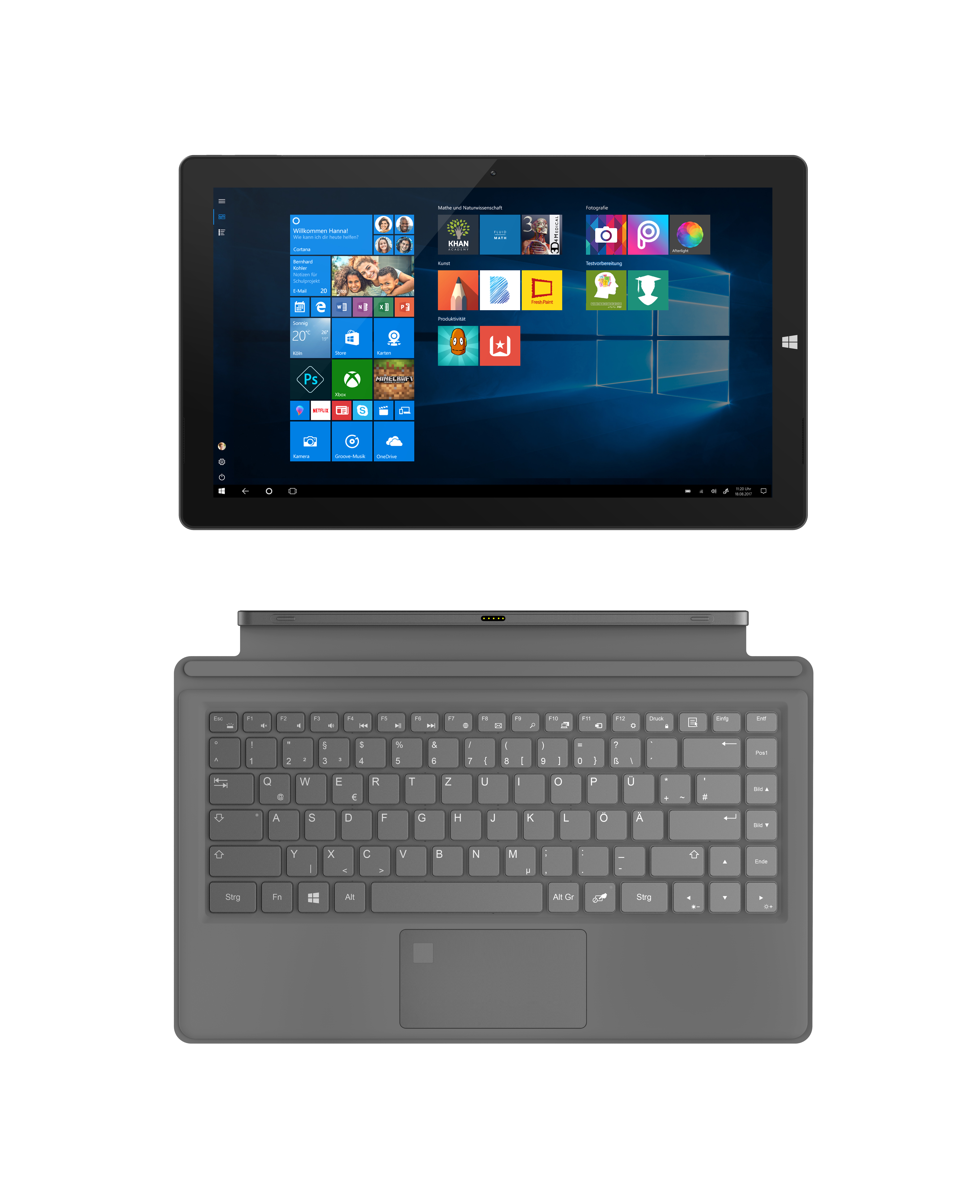 Tablet und Tastatur. Das Tablet zeigt einen Windows-Startbildschirm. Die Tastatur ist angeschlossen.