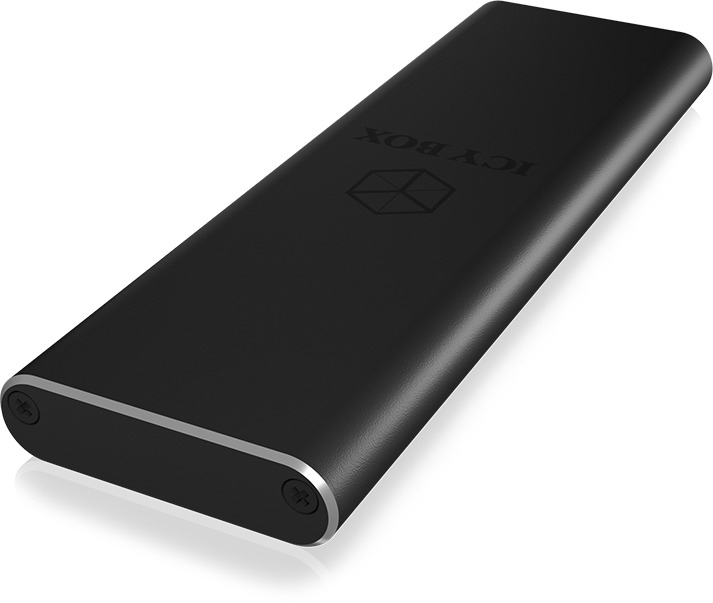 Schwarze rechteckige Festplatte mit silbernen Kanten und dem Wort 'ICY BOX'.