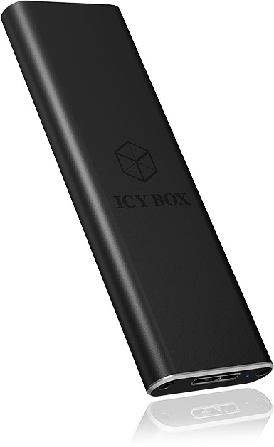 Eine schwarze ICY BOX externe Festplatte mit dem ICY BOX Logo und einer Spiegelung.
