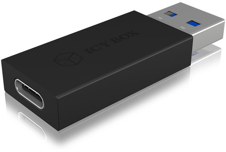 Schwarzer USB-C-zu-USB-3.0-Adapter. Hat einen schwarzen Körper mit "ICY BOX"-Label. Silbernes USB-Ende.