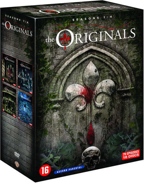 The Originals dvd-box. Donker, gotisch ontwerp met schedel, lelie en serietitels.