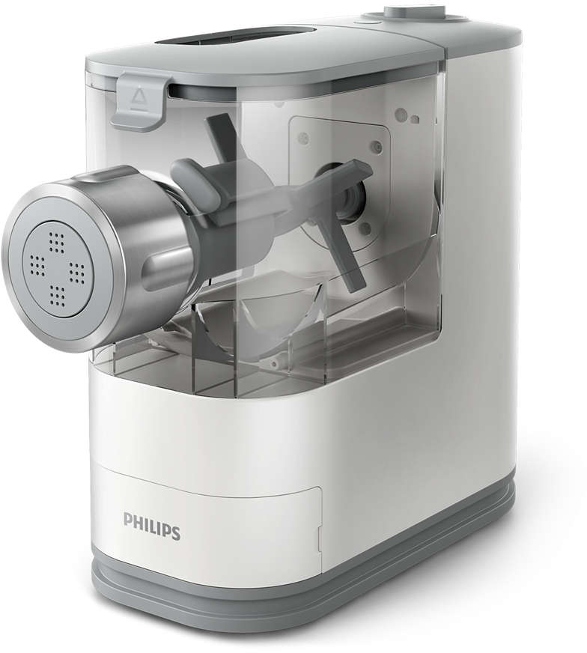 Fehér-szürke Philips tésztakészítő, tésztával.