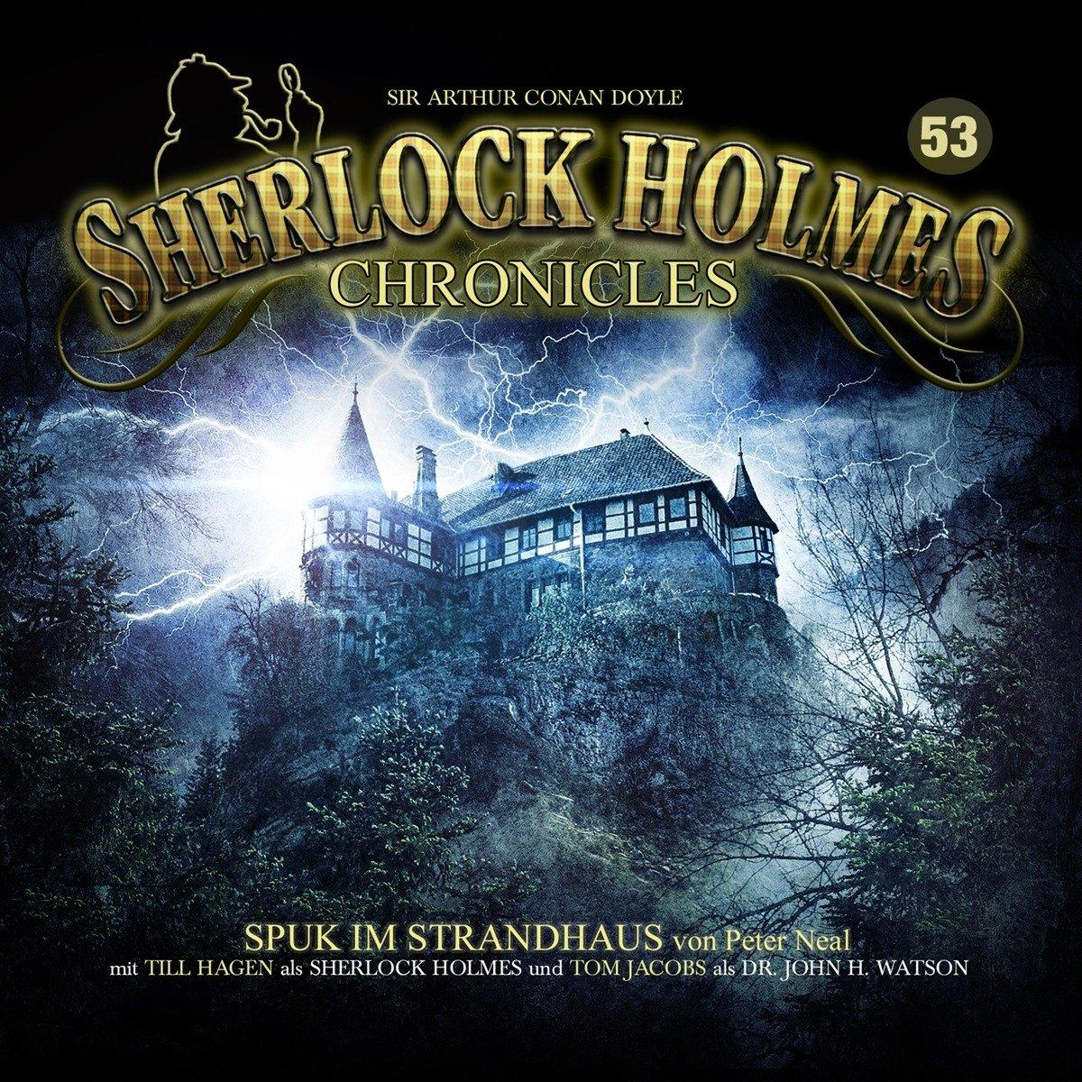 Buchcover von Sherlock Holmes Chronicles. Eine Burg auf einem Hügel, Donner und Blitz.