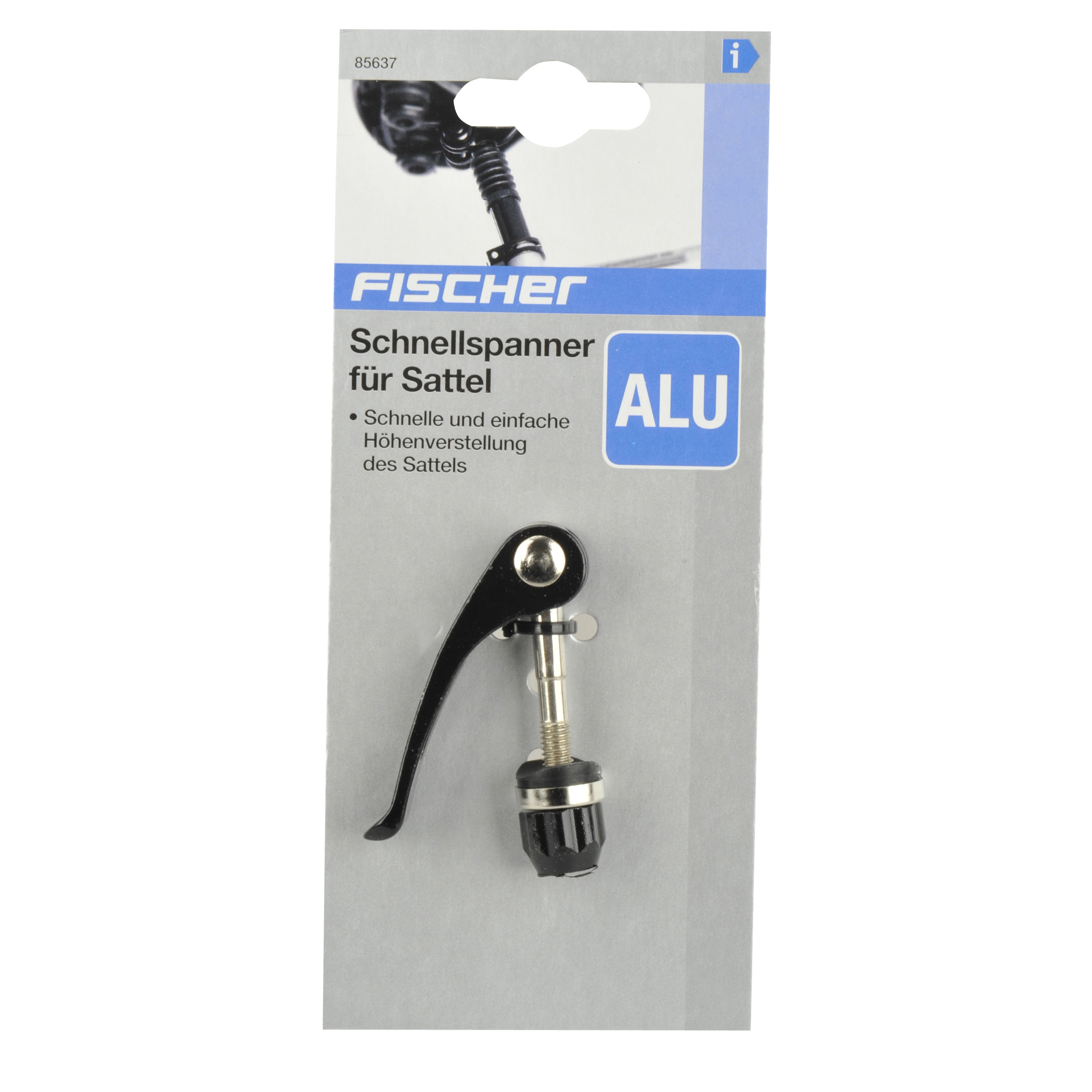 Eine schwarze Fahrradsattelklemme auf einer Verpackung. Der Text auf der Verpackung ist deutsch.