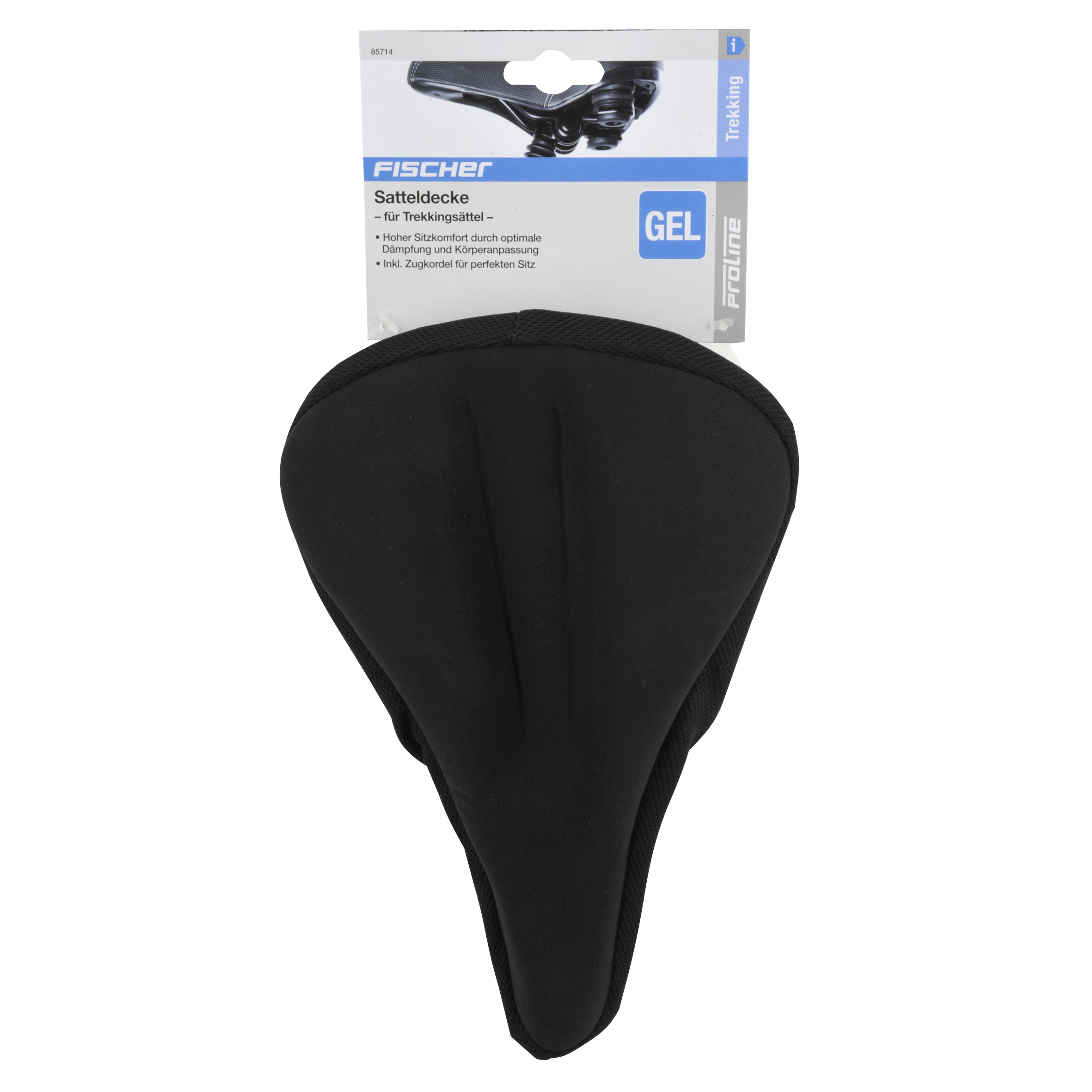Schwarze Fahrradsitzbezug auf weiß-blauem Paket, mit Produktdetails. Der Sitz ist schwarz und Gel.