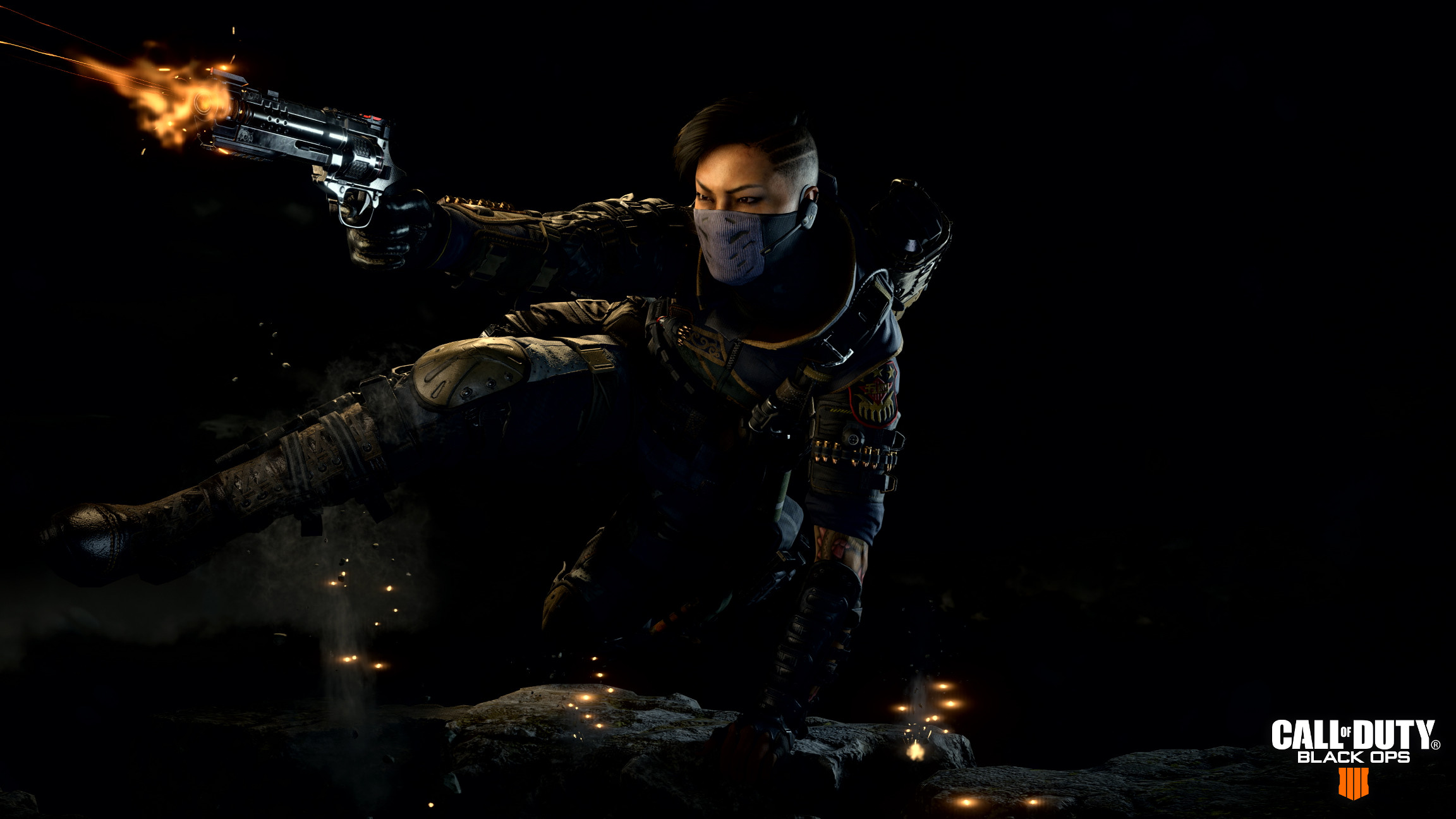 Een personage uit Call of Duty, die met een geweer richt en hurkt in een donkere, rokerige omgeving.
